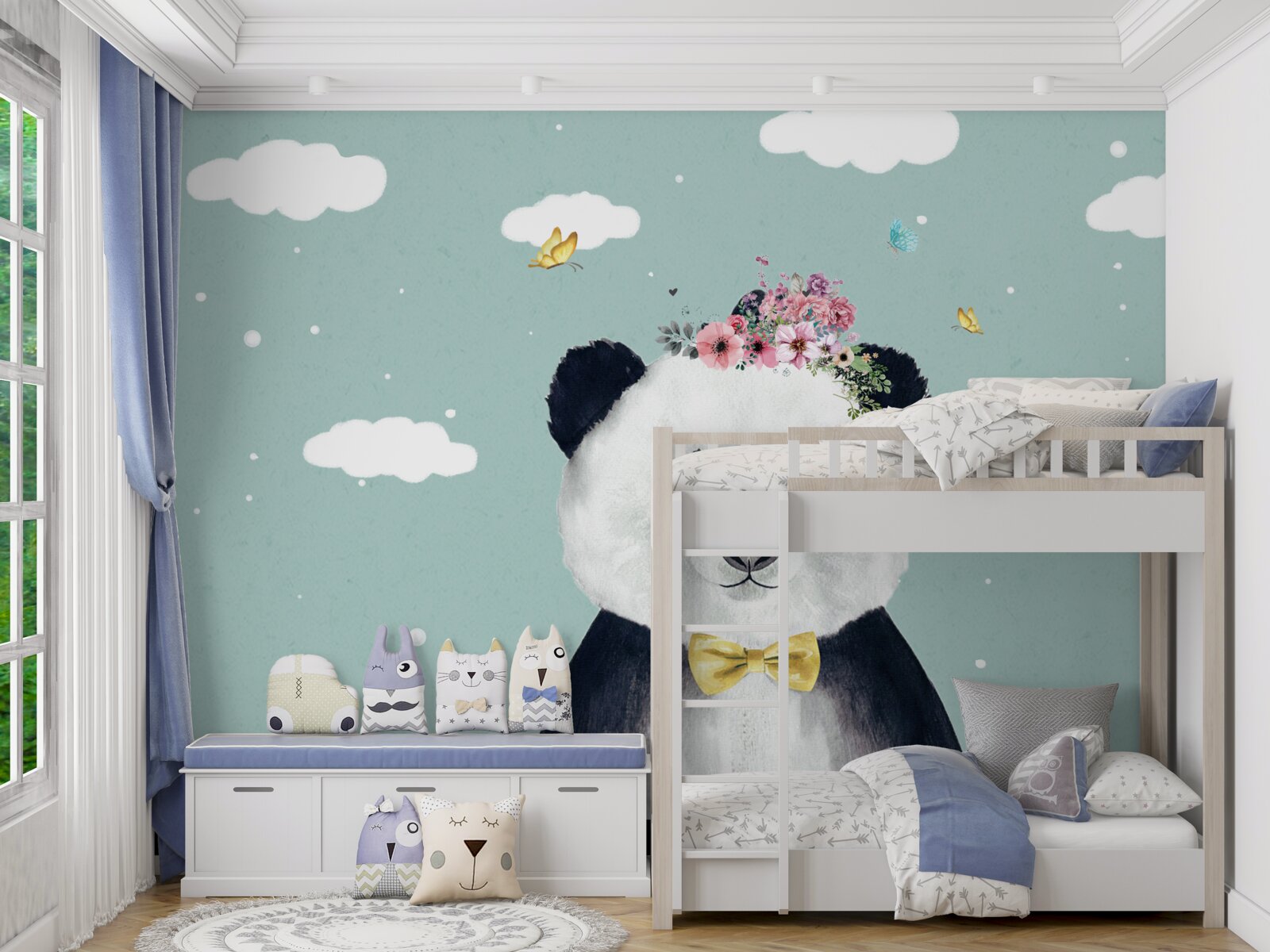 Fotobehang wolken werden de achtergrond voor een panda met bloemen