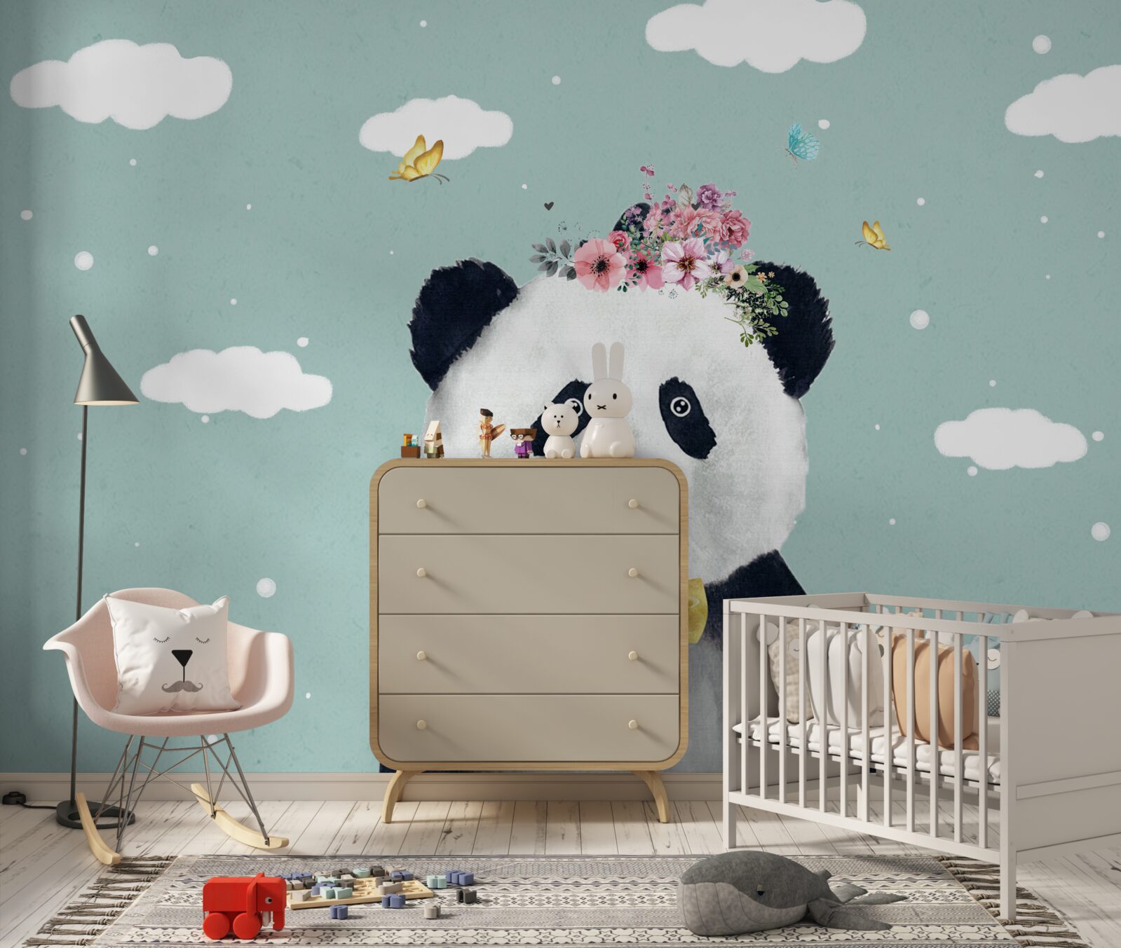 Fotobehang wolken werden de achtergrond voor een panda met bloemen