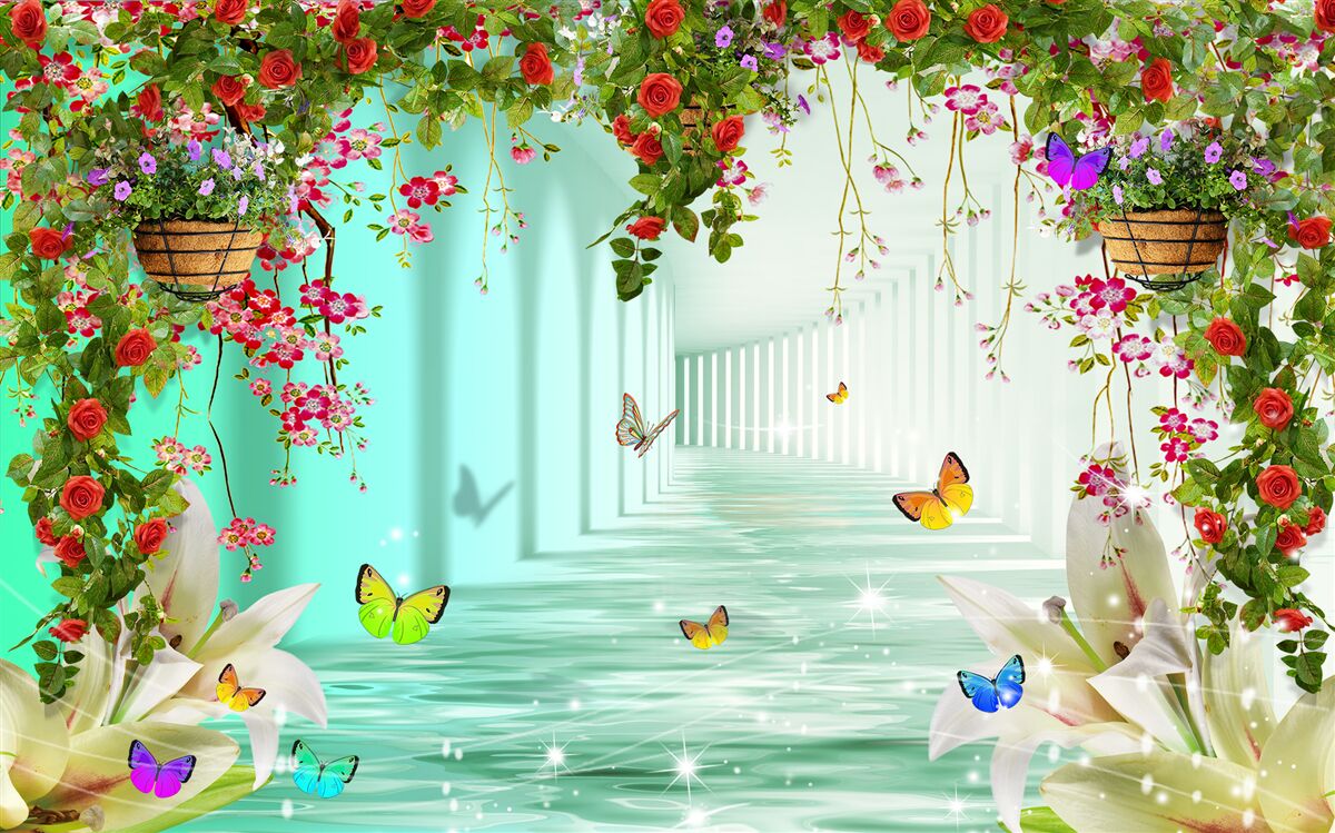 Fotobehang vlinders en lentebloemen in de tunnel