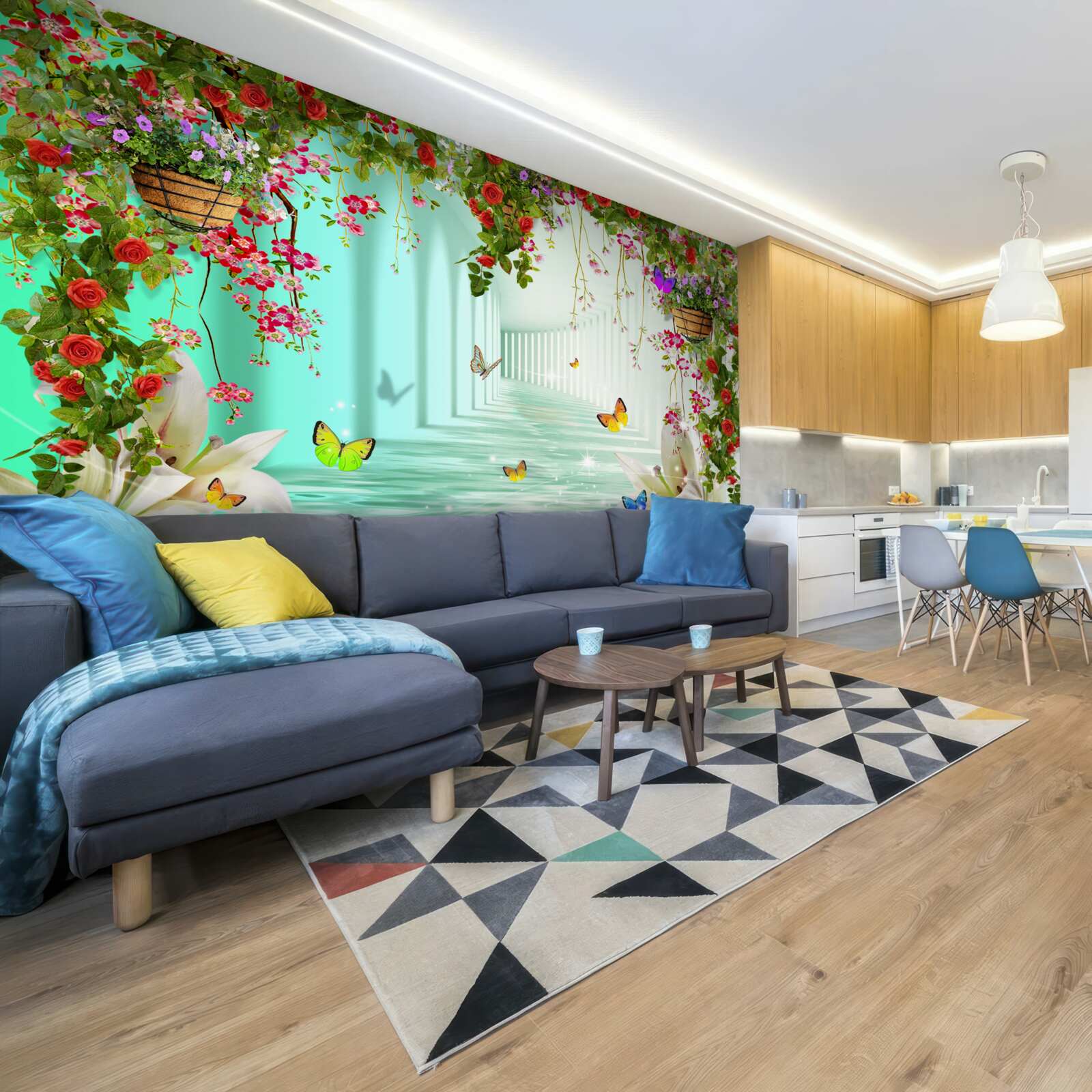 Fotobehang vlinders en lentebloemen in de tunnel