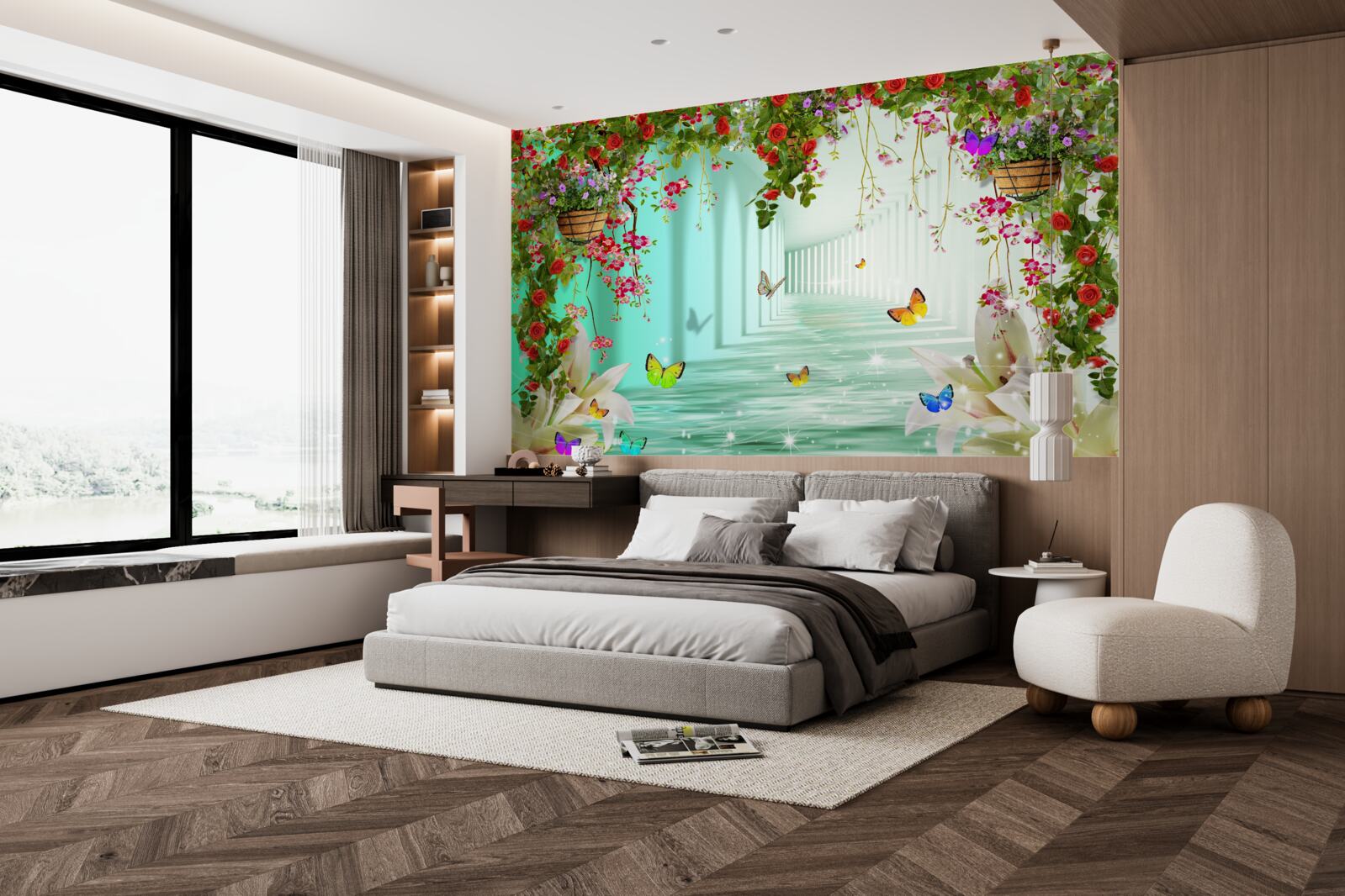 Fotobehang vlinders en lentebloemen in de tunnel