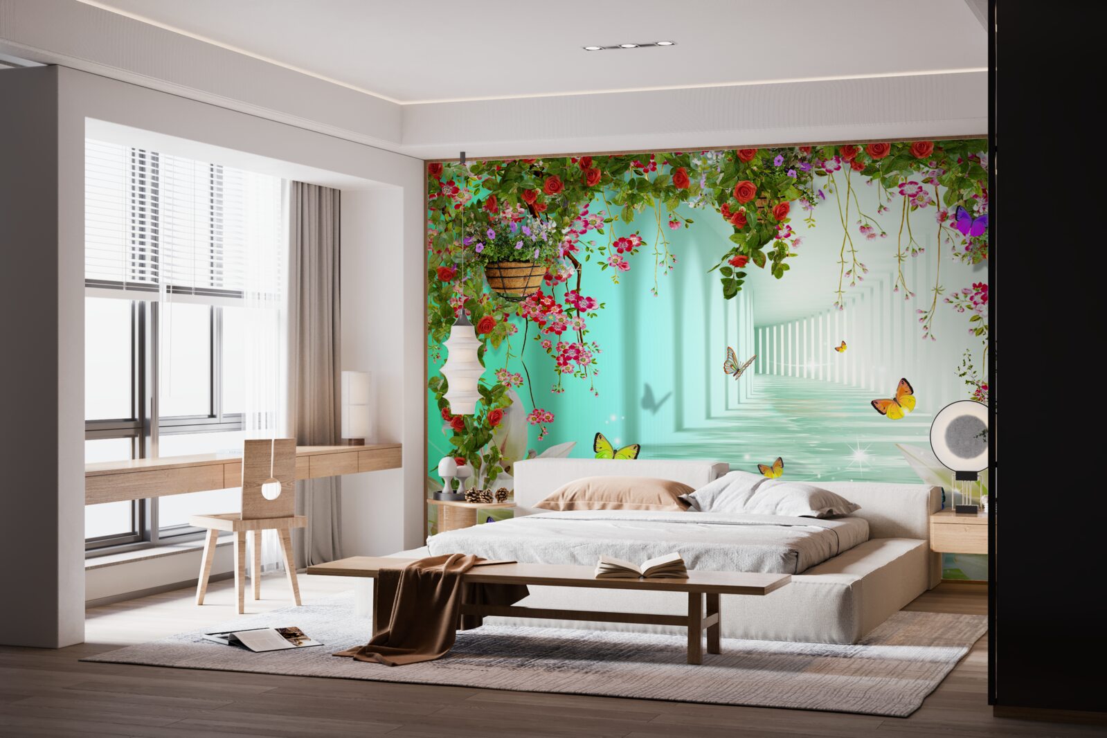 Fotobehang vlinders en lentebloemen in de tunnel