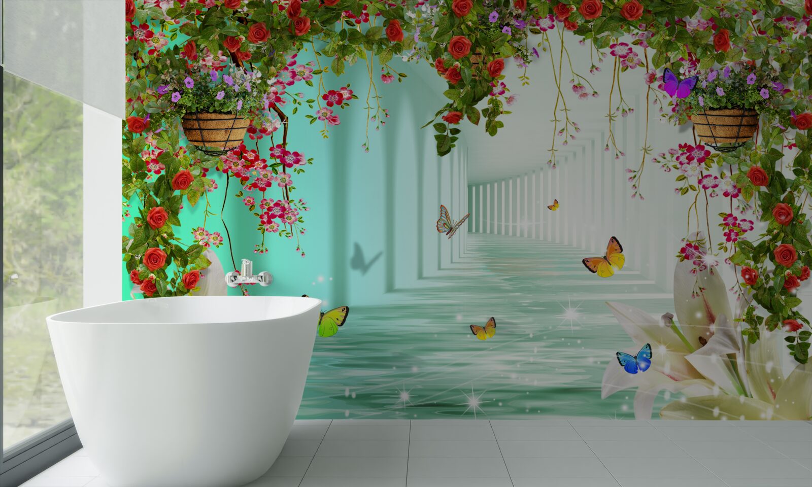 Fotobehang vlinders en lentebloemen in de tunnel