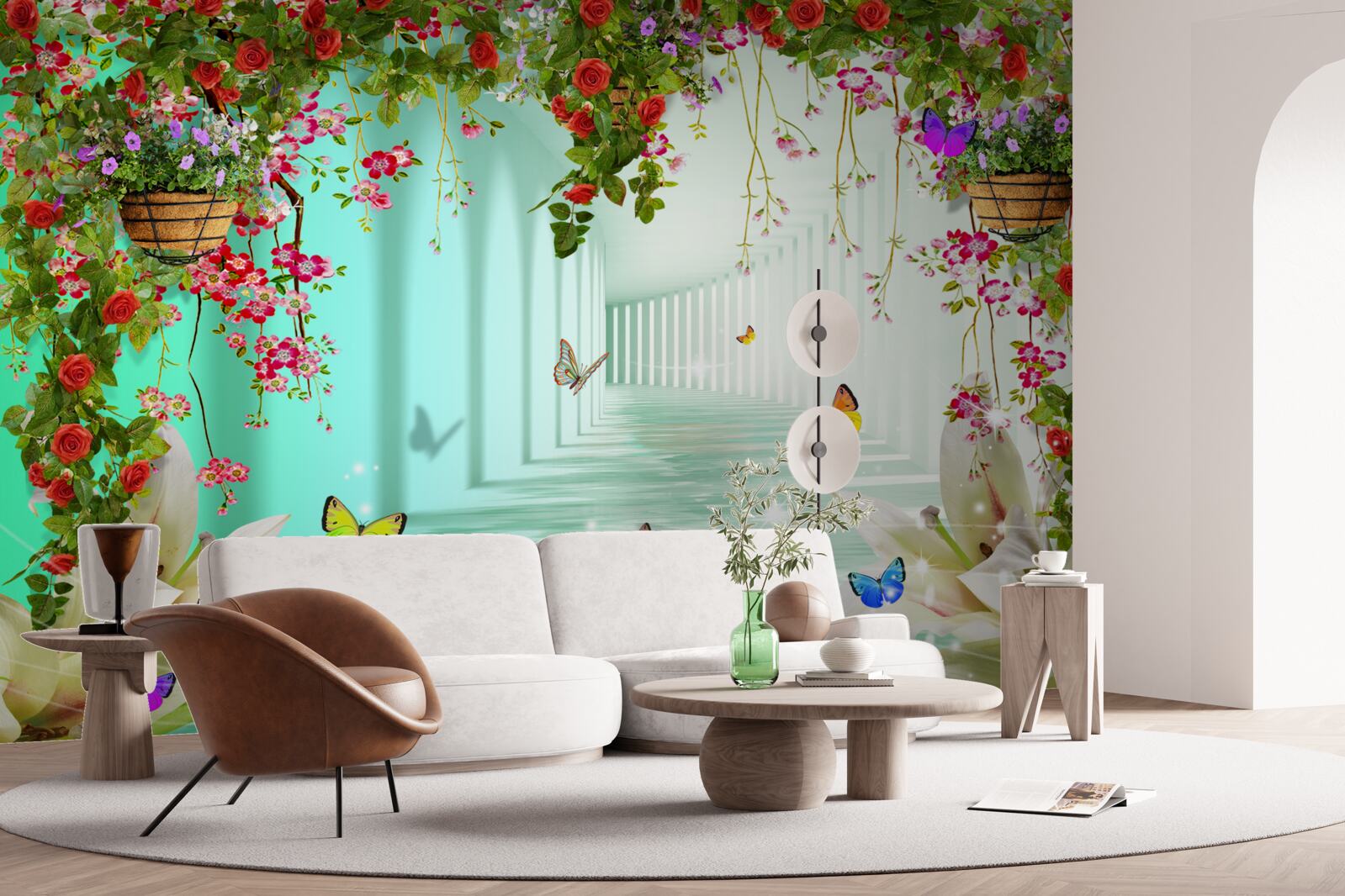 Fotobehang vlinders en lentebloemen in de tunnel