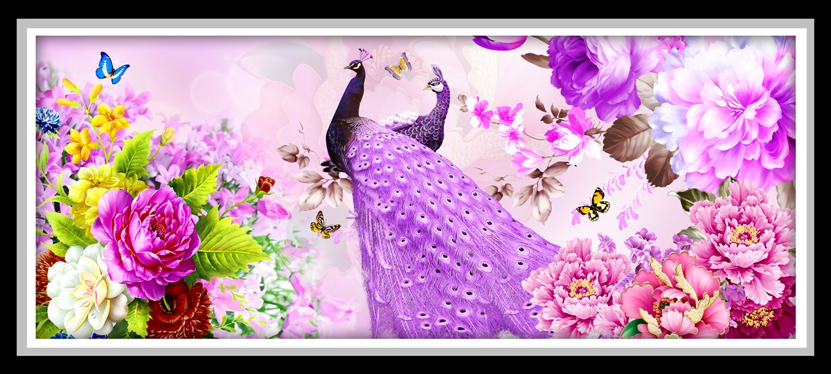 Fotobehang tussen de bloemen zijn twee paarse pauwen