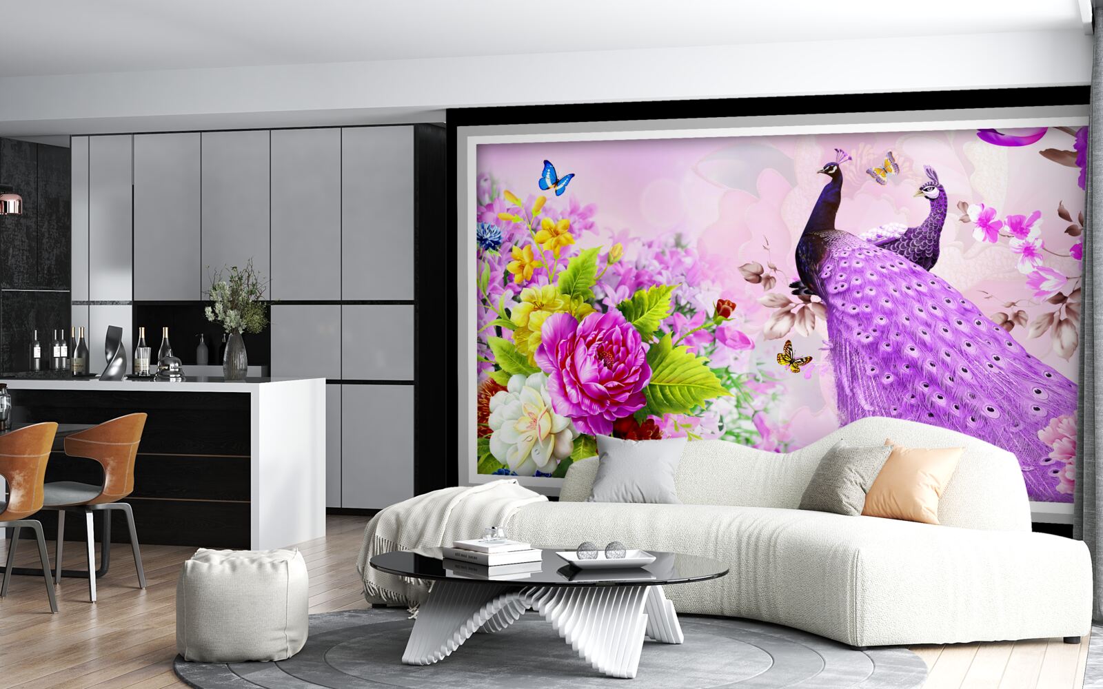 Fotobehang tussen de bloemen zijn twee paarse pauwen