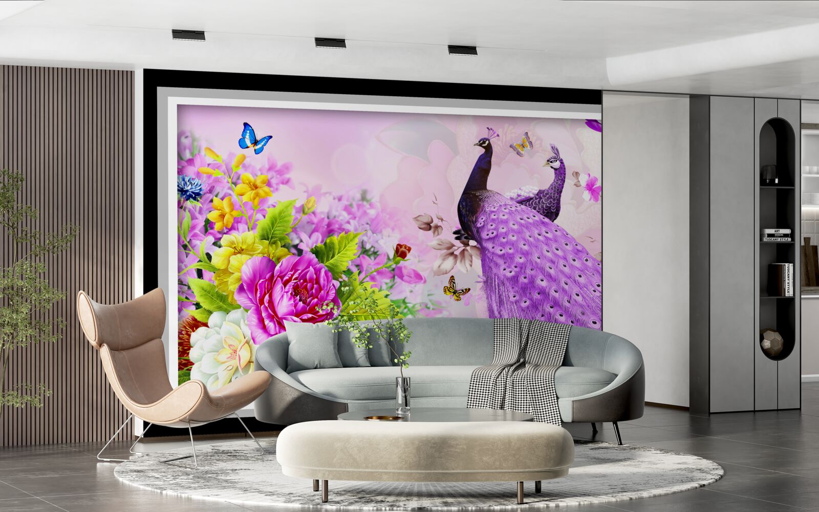 Fotobehang tussen de bloemen zijn twee paarse pauwen