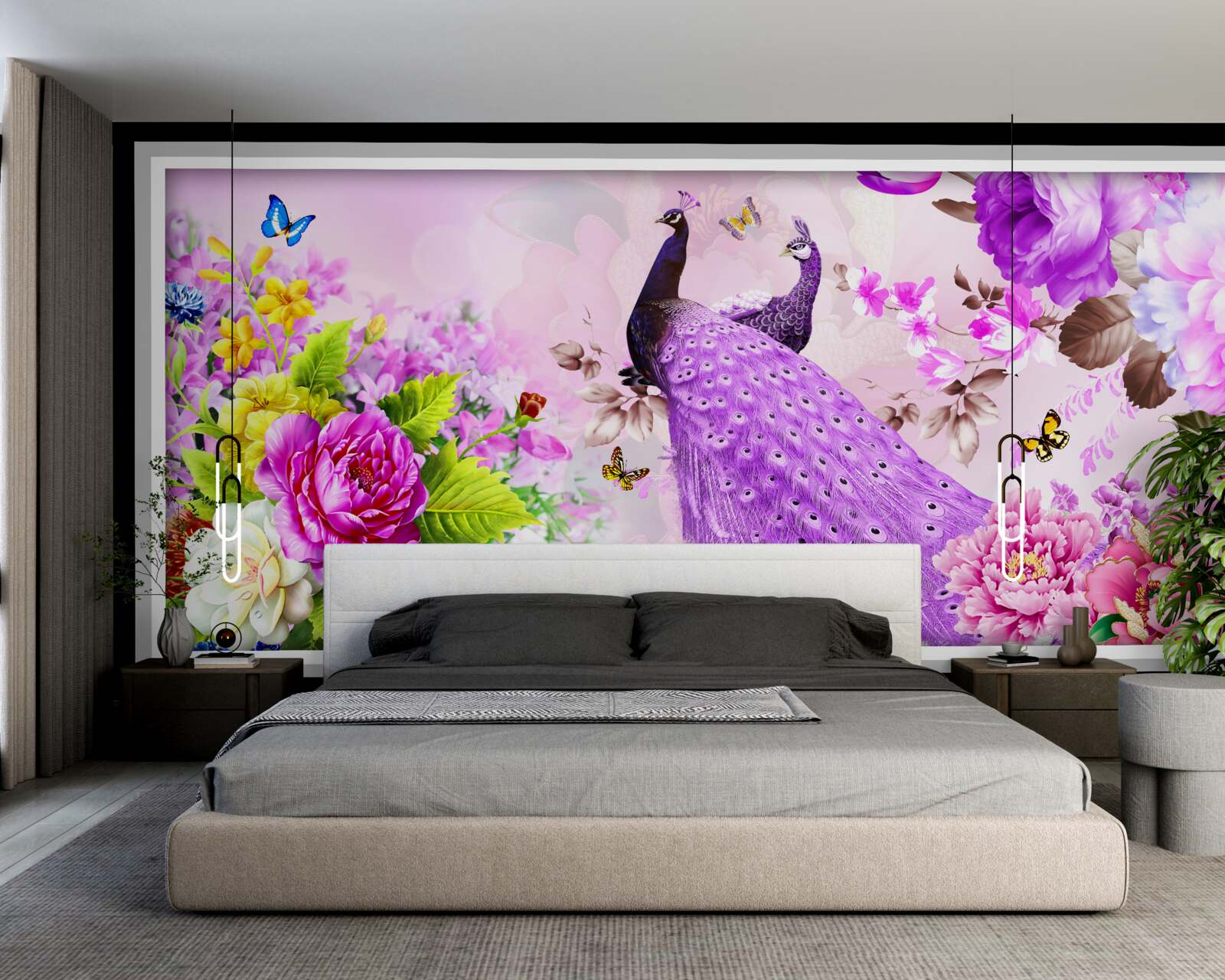 Fotobehang tussen de bloemen zijn twee paarse pauwen