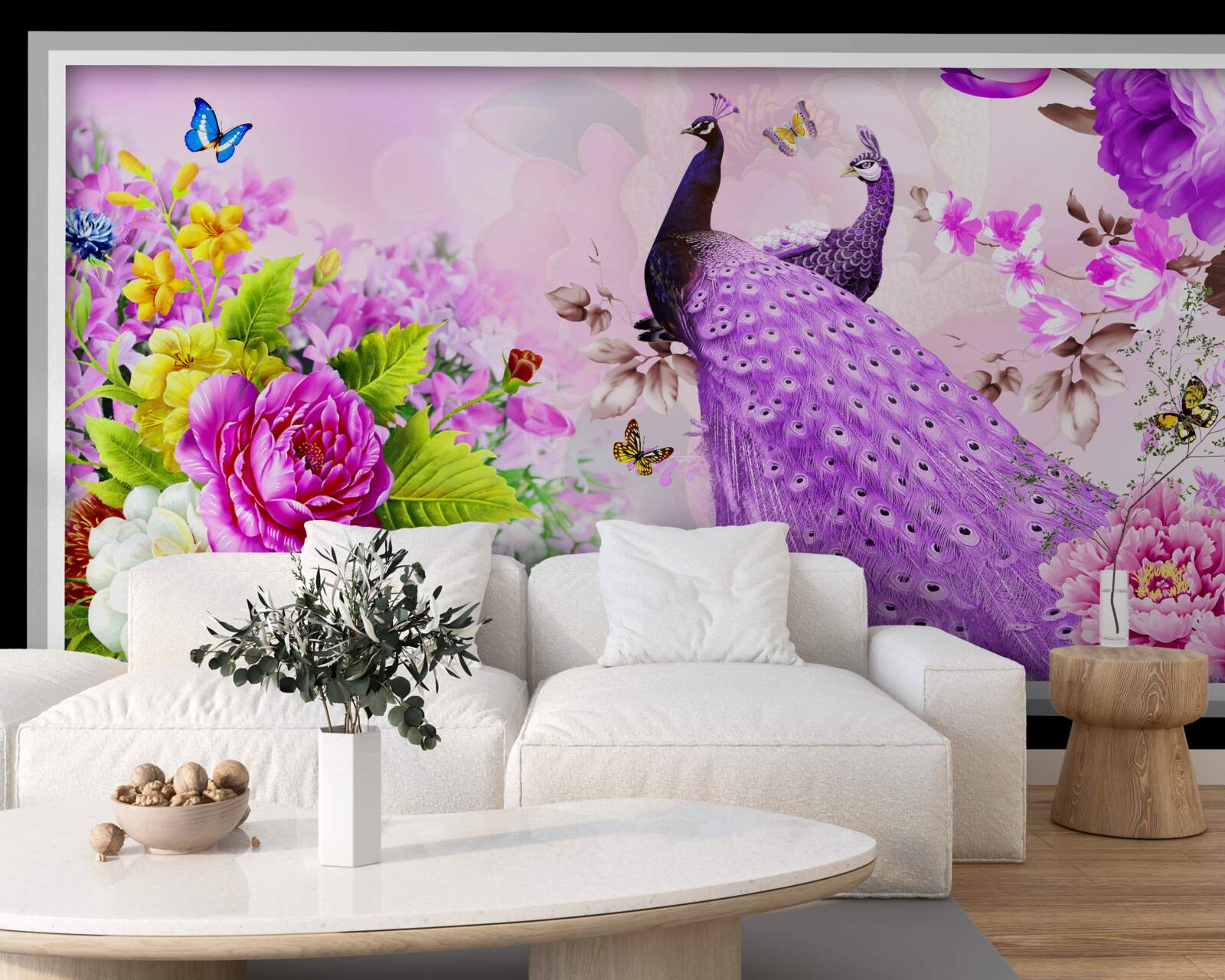 Fotobehang tussen de bloemen zijn twee paarse pauwen