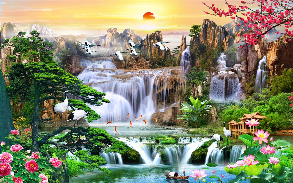 Fotobehang vogels en watervallen