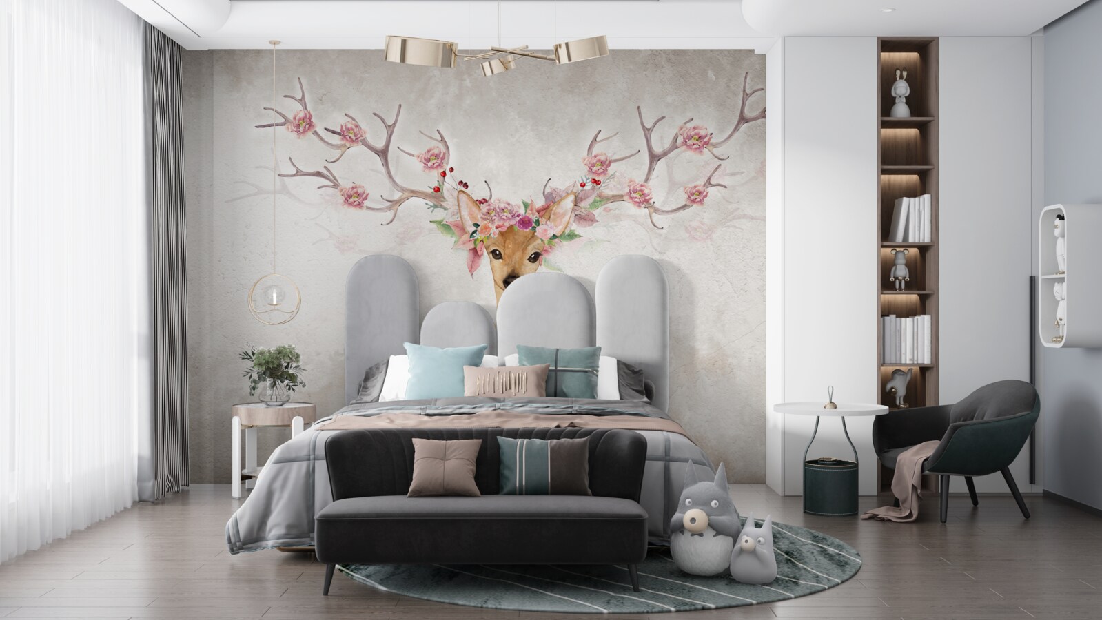 Fotobehang het schilderij toont een hert met bloemdecoraties op zijn hoorns