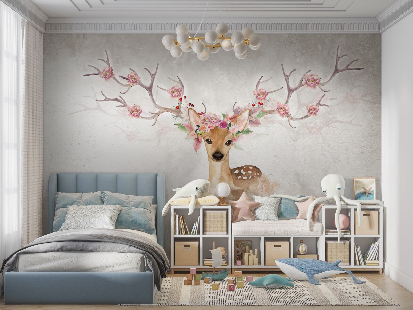 Fotobehang het schilderij toont een hert met bloemdecoraties op zijn hoorns