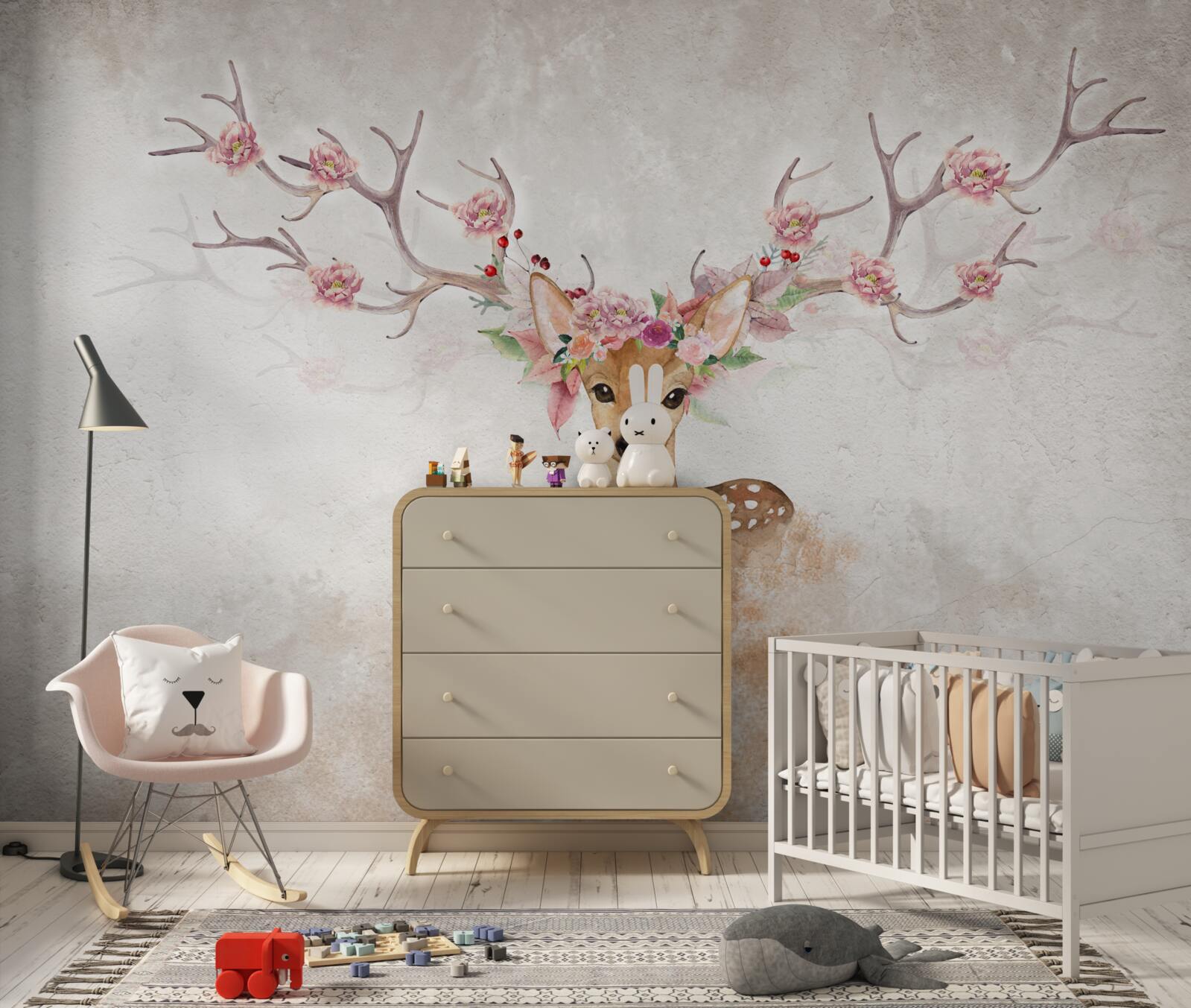 Fotobehang het schilderij toont een hert met bloemdecoraties op zijn hoorns