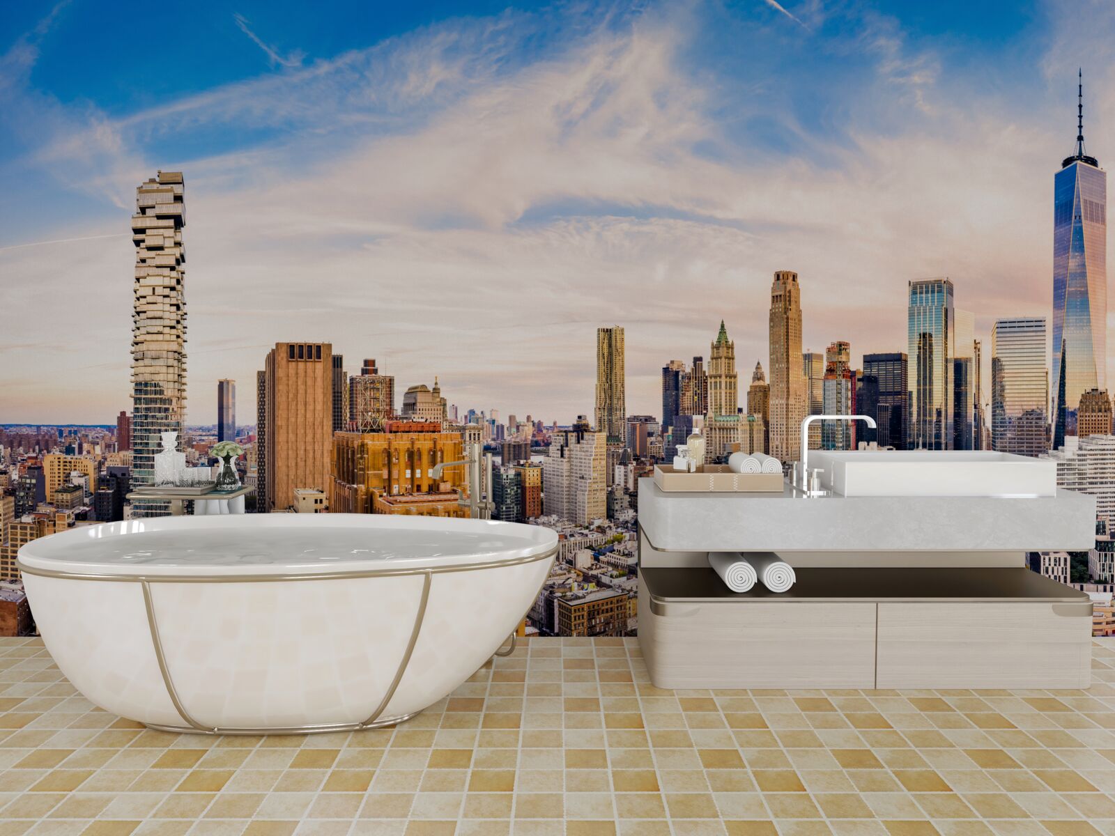 Fotobehang zonsondergang boven Lower Manhattan