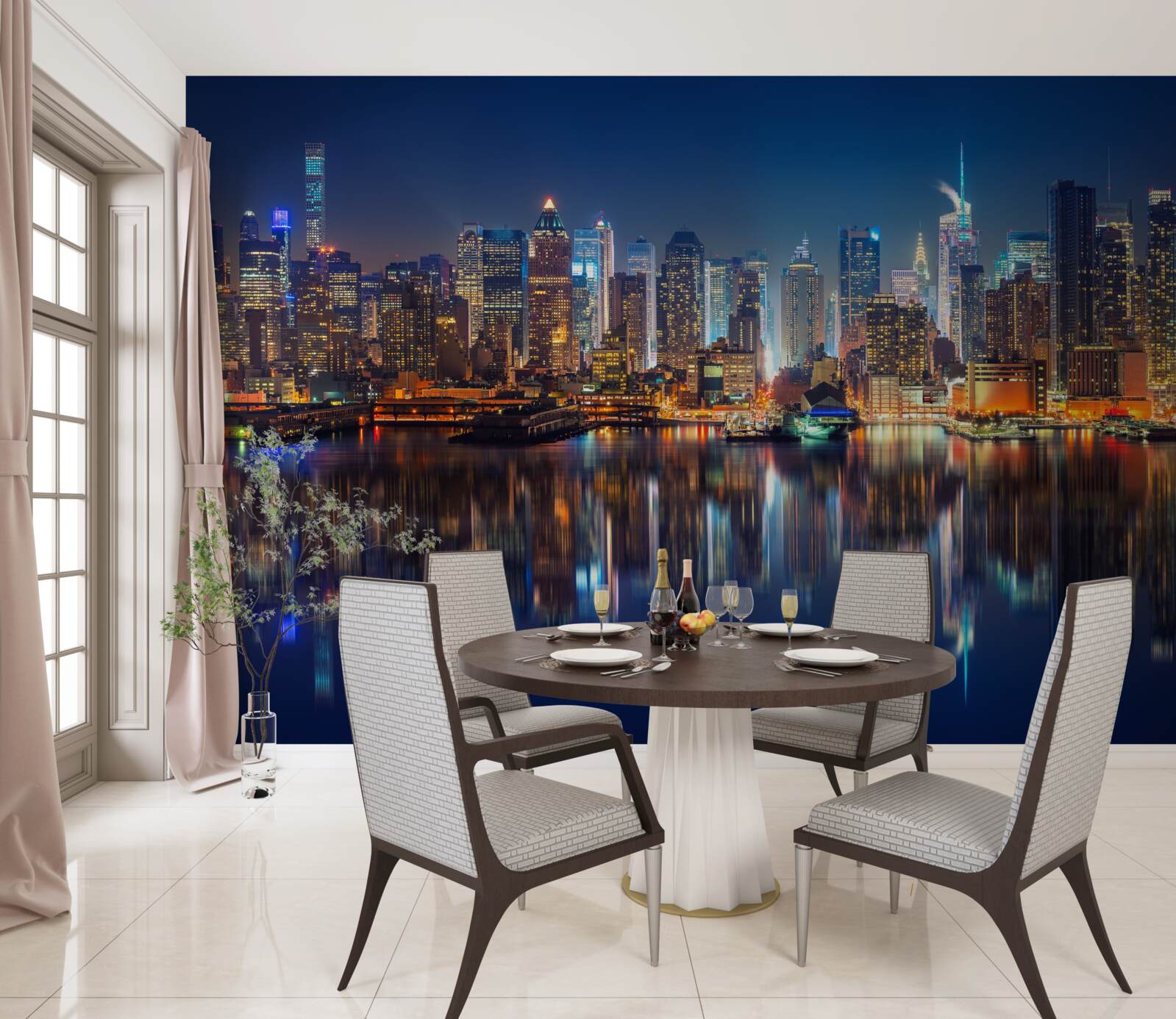 Fotobehang weerspiegeling van de nachtelijke stad in het water