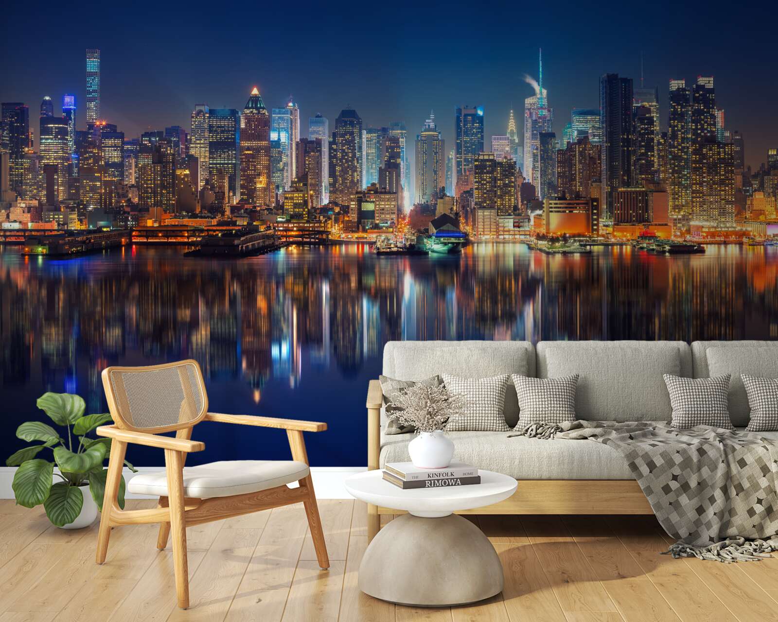 Fotobehang weerspiegeling van de nachtelijke stad in het water