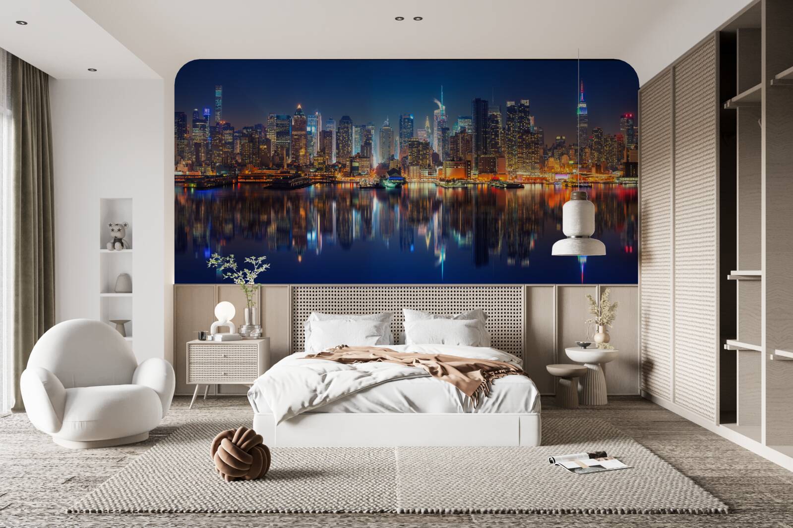 Fotobehang weerspiegeling van de nachtelijke stad in het water