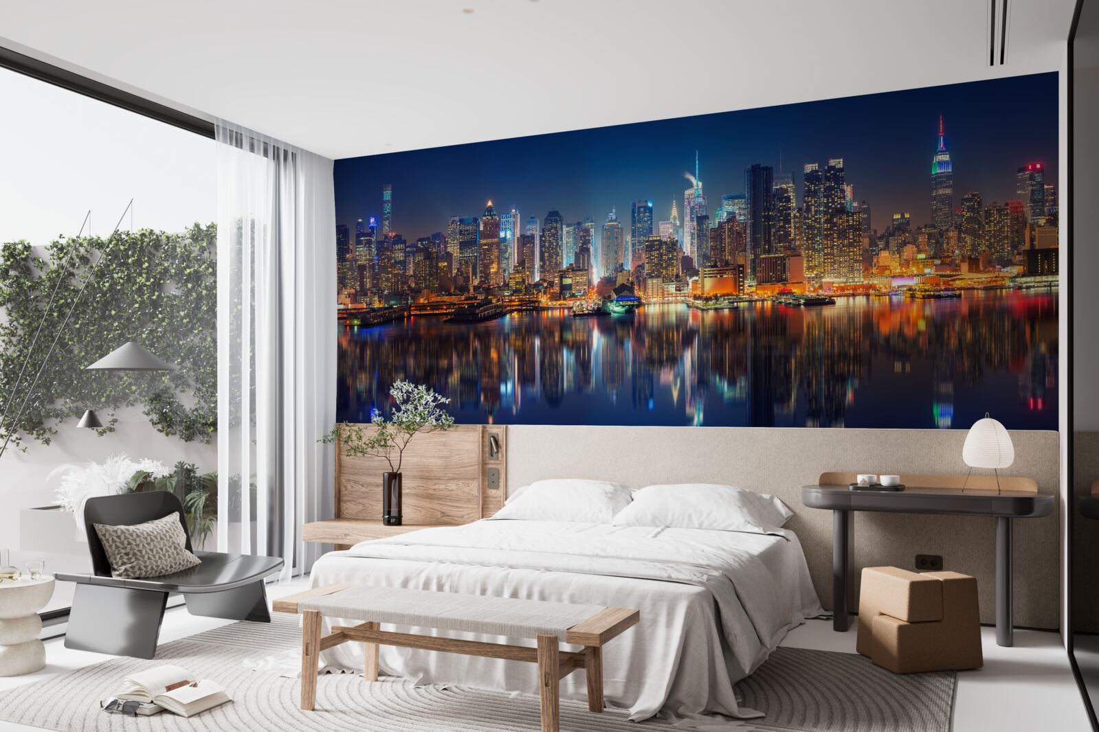 Fotobehang weerspiegeling van de nachtelijke stad in het water