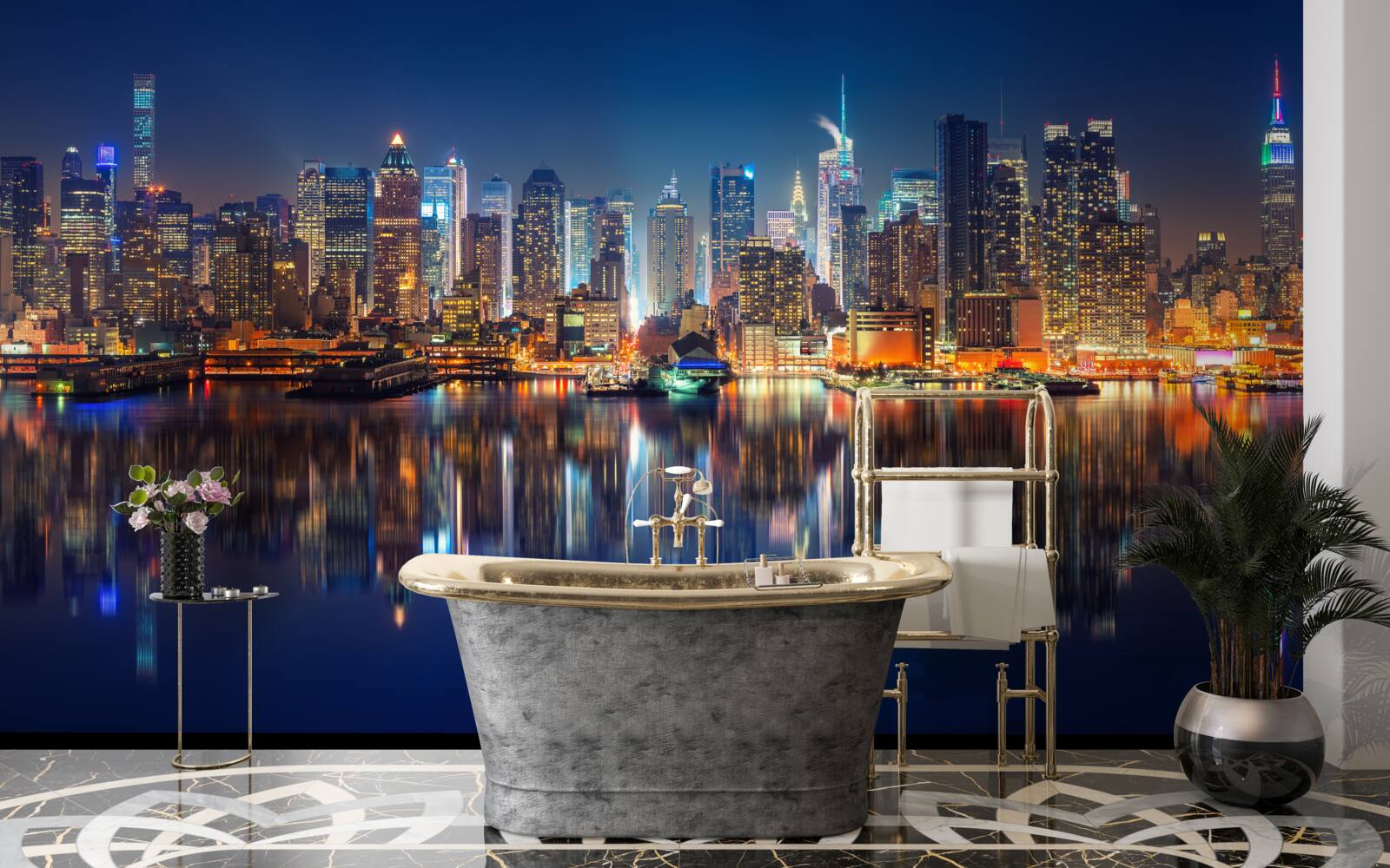 Fotobehang weerspiegeling van de nachtelijke stad in het water