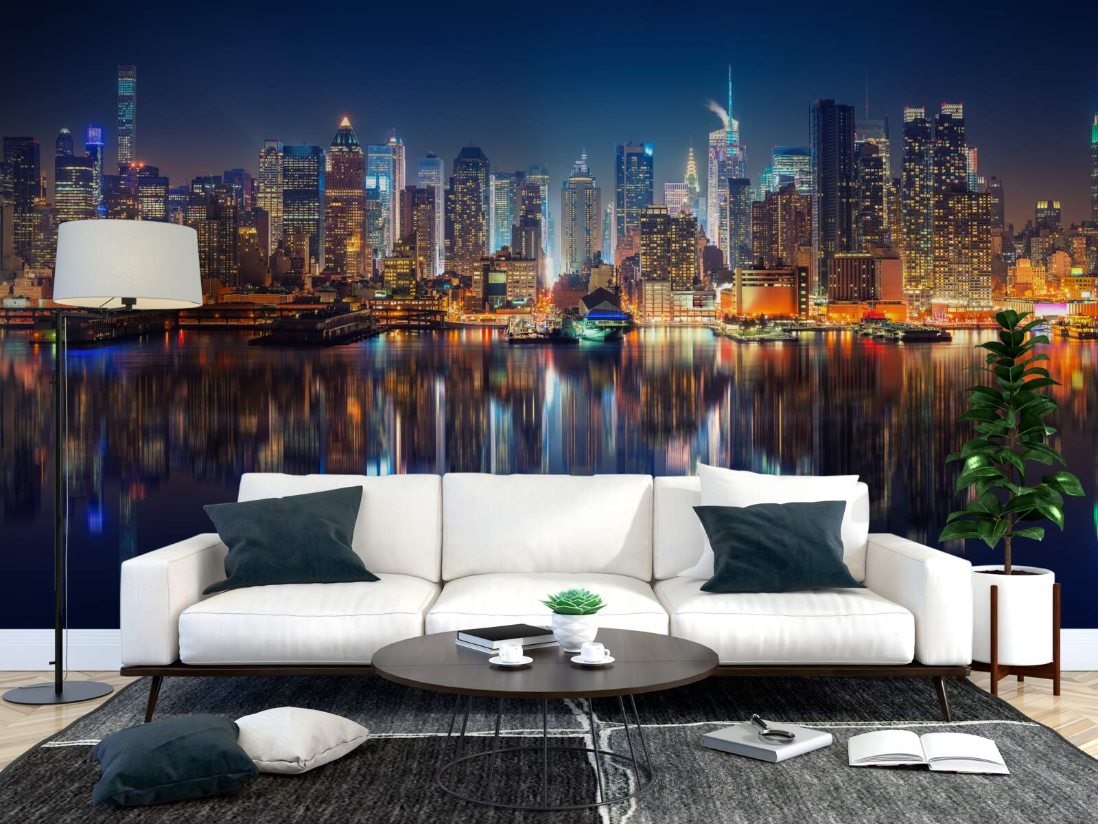 Fotobehang weerspiegeling van de nachtelijke stad in het water