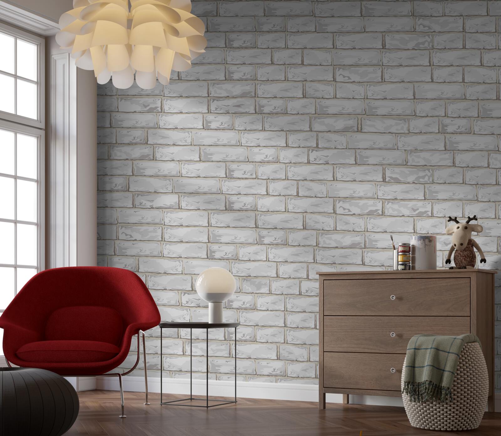 Fotobehang Muur bekleed met witte baksteen