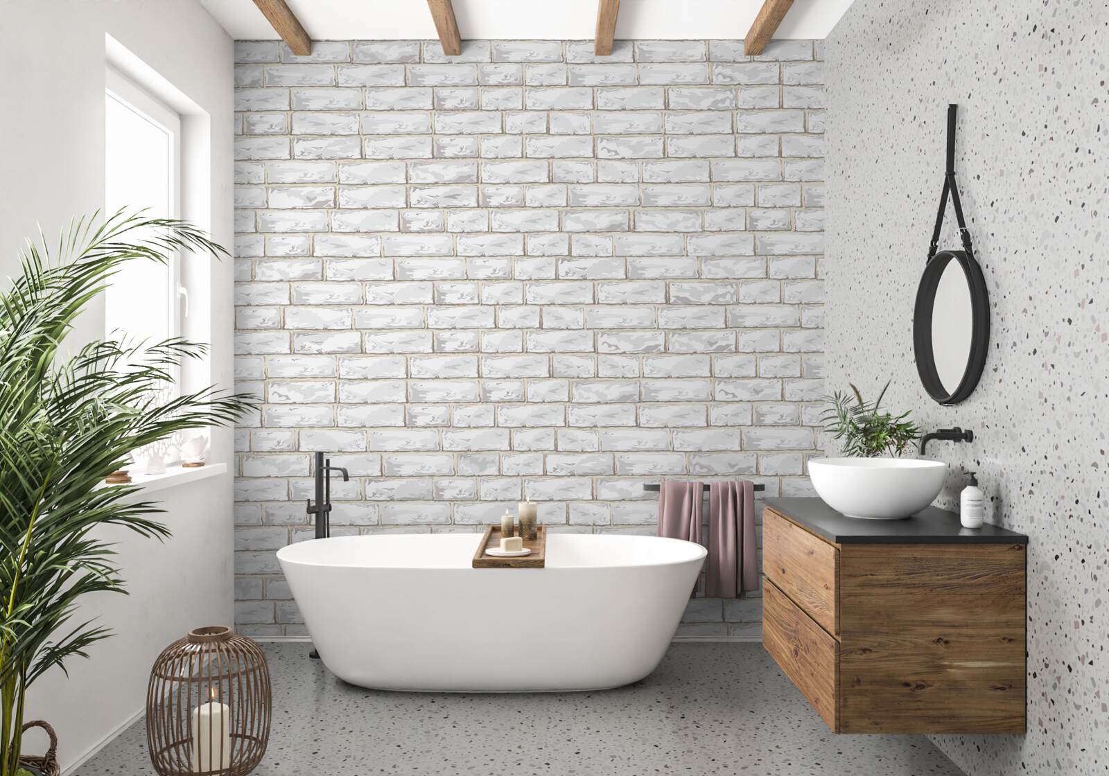 Fotobehang Muur bekleed met witte baksteen