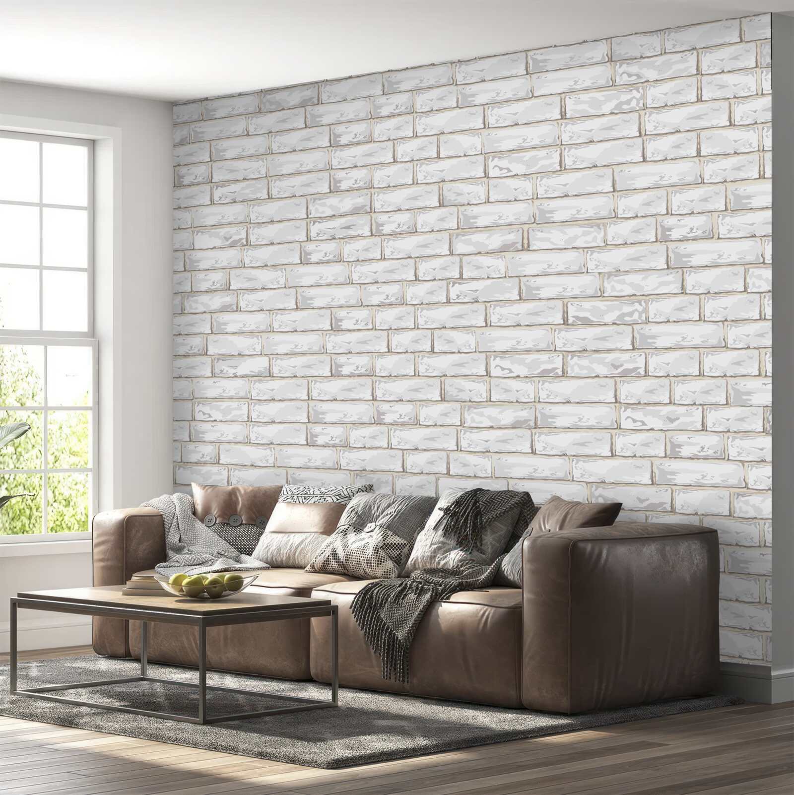 Fotobehang Muur bekleed met witte baksteen