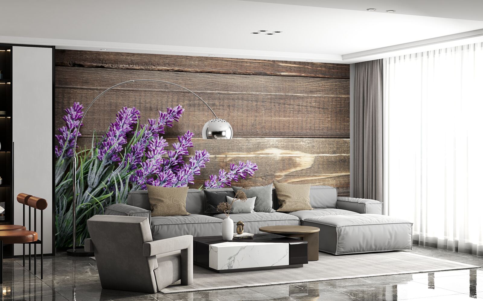 Fotobehang lavendeltakken op de achtergrond met een boom