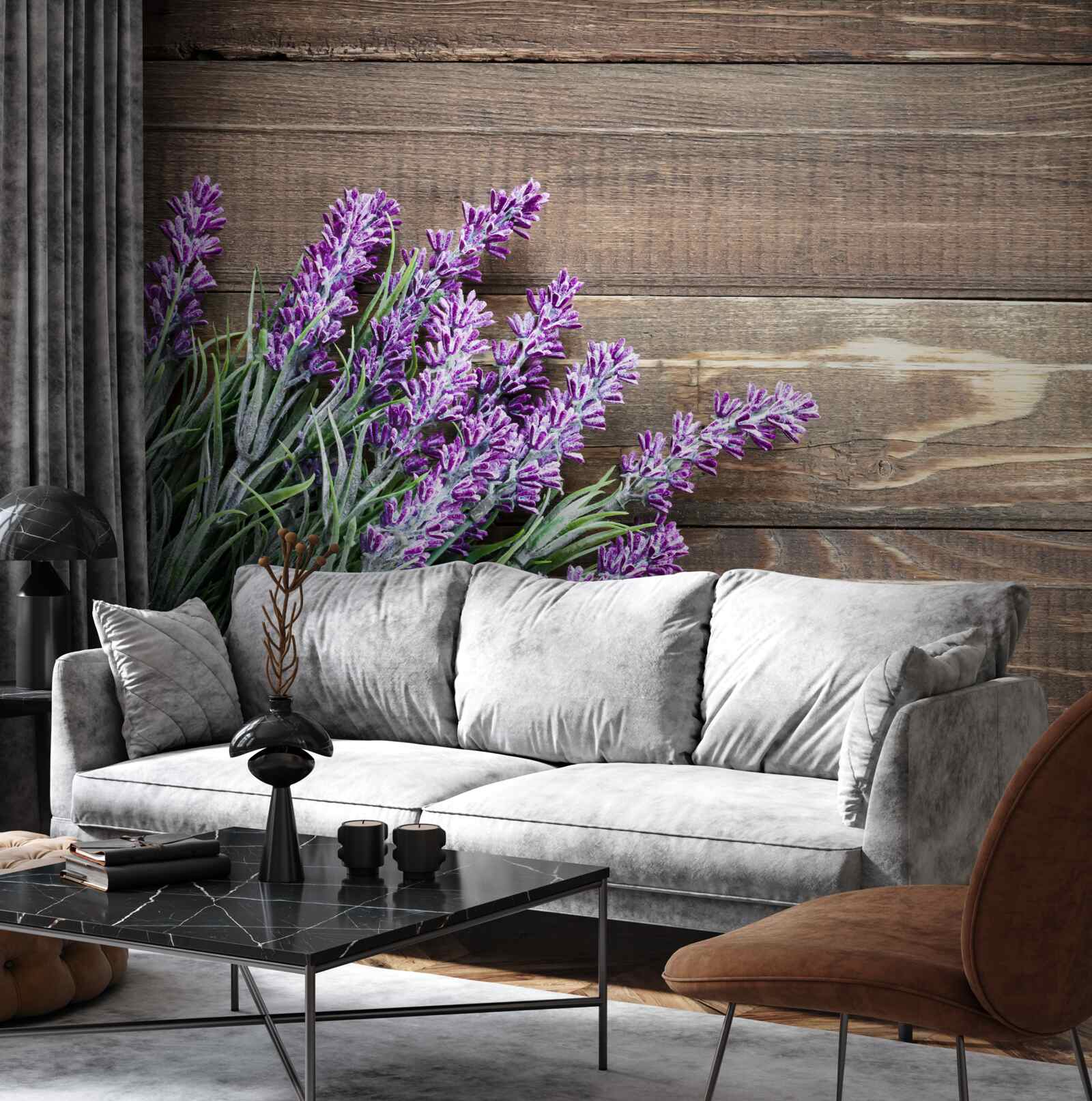 Fotobehang lavendeltakken op de achtergrond met een boom