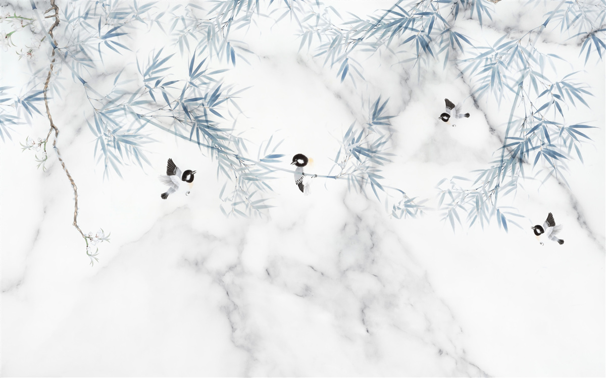 Fotobehang marmer is sneeuwwit, vogels kruimelen op takken