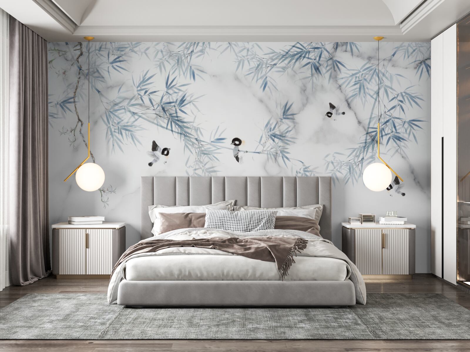 Fotobehang marmer is sneeuwwit, vogels kruimelen op takken