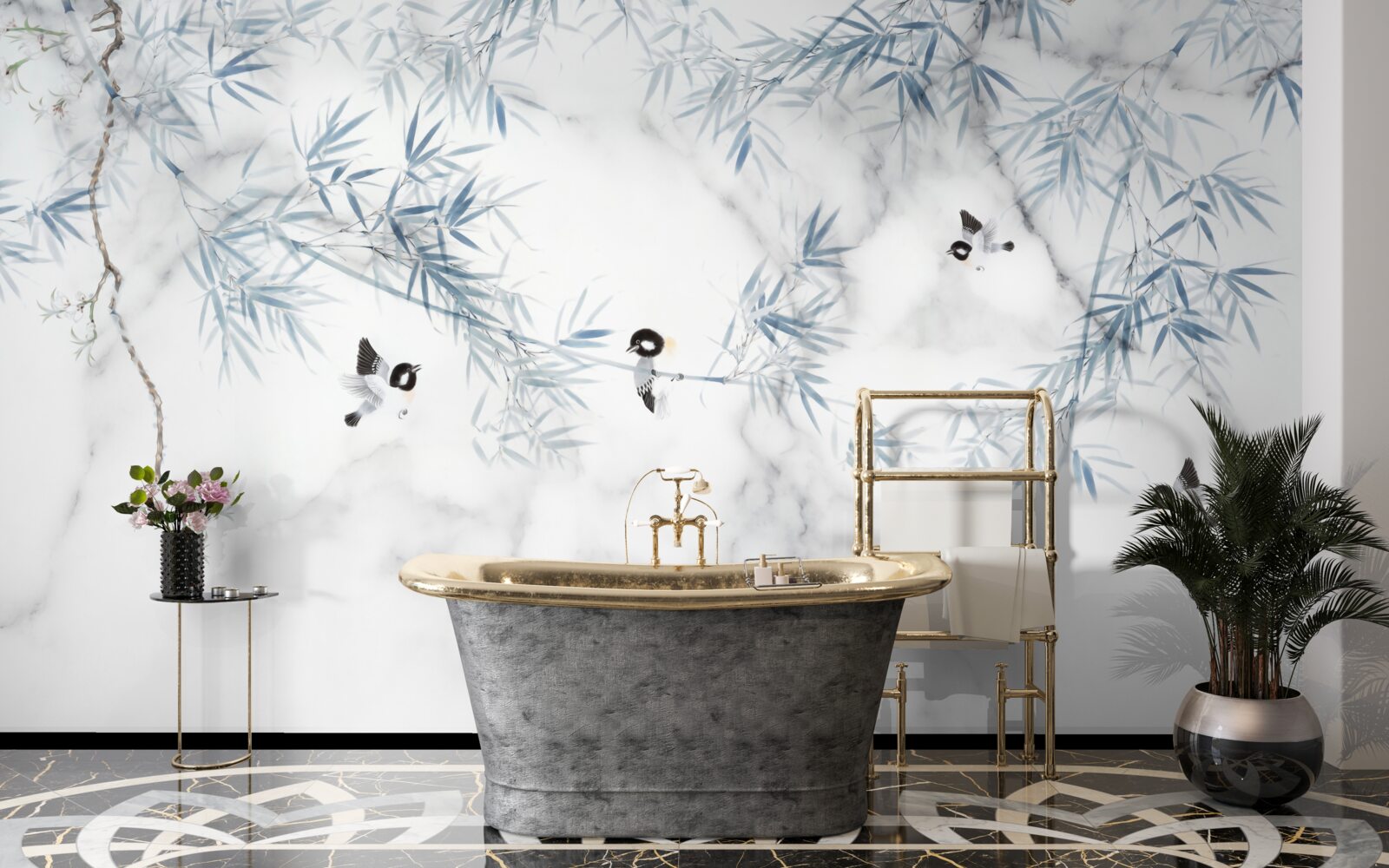 Fotobehang marmer is sneeuwwit, vogels kruimelen op takken