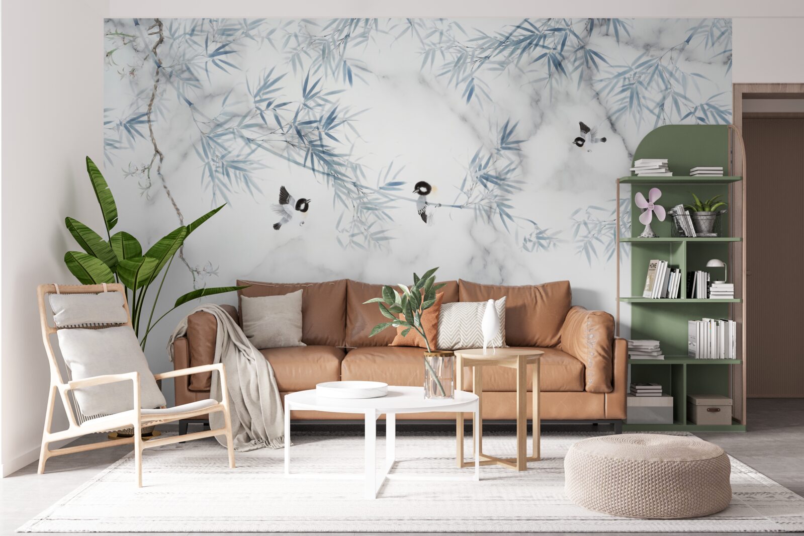 Fotobehang marmer is sneeuwwit, vogels kruimelen op takken