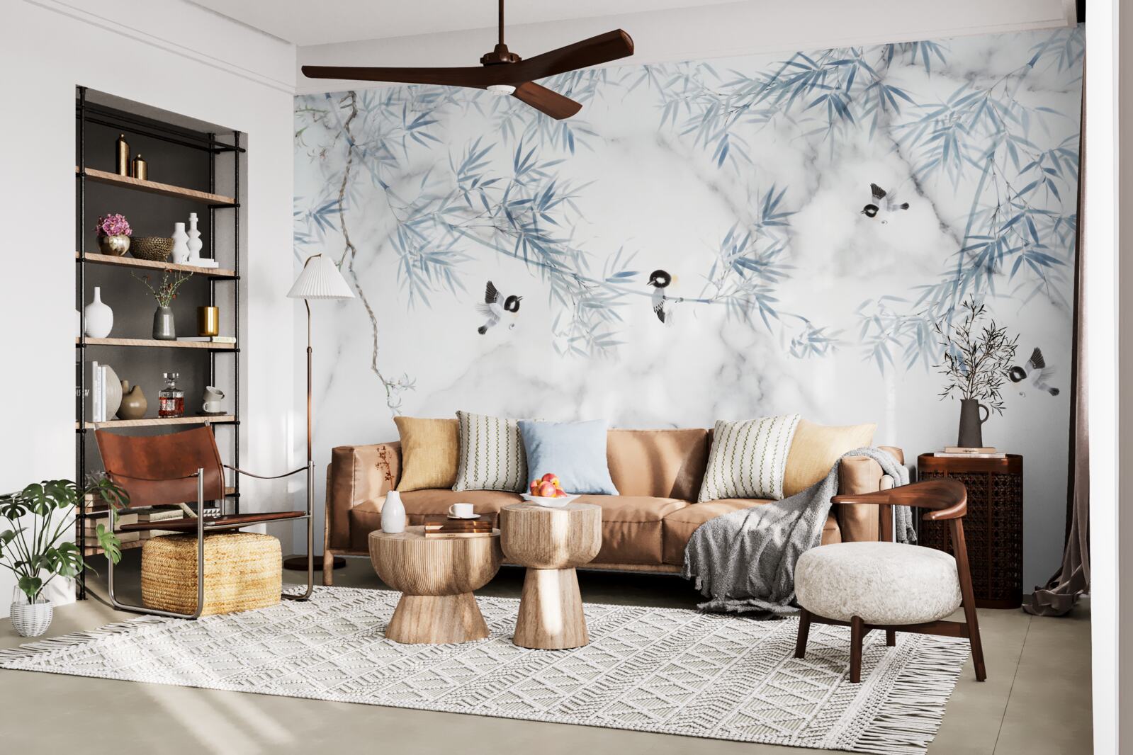 Fotobehang marmer is sneeuwwit, vogels kruimelen op takken