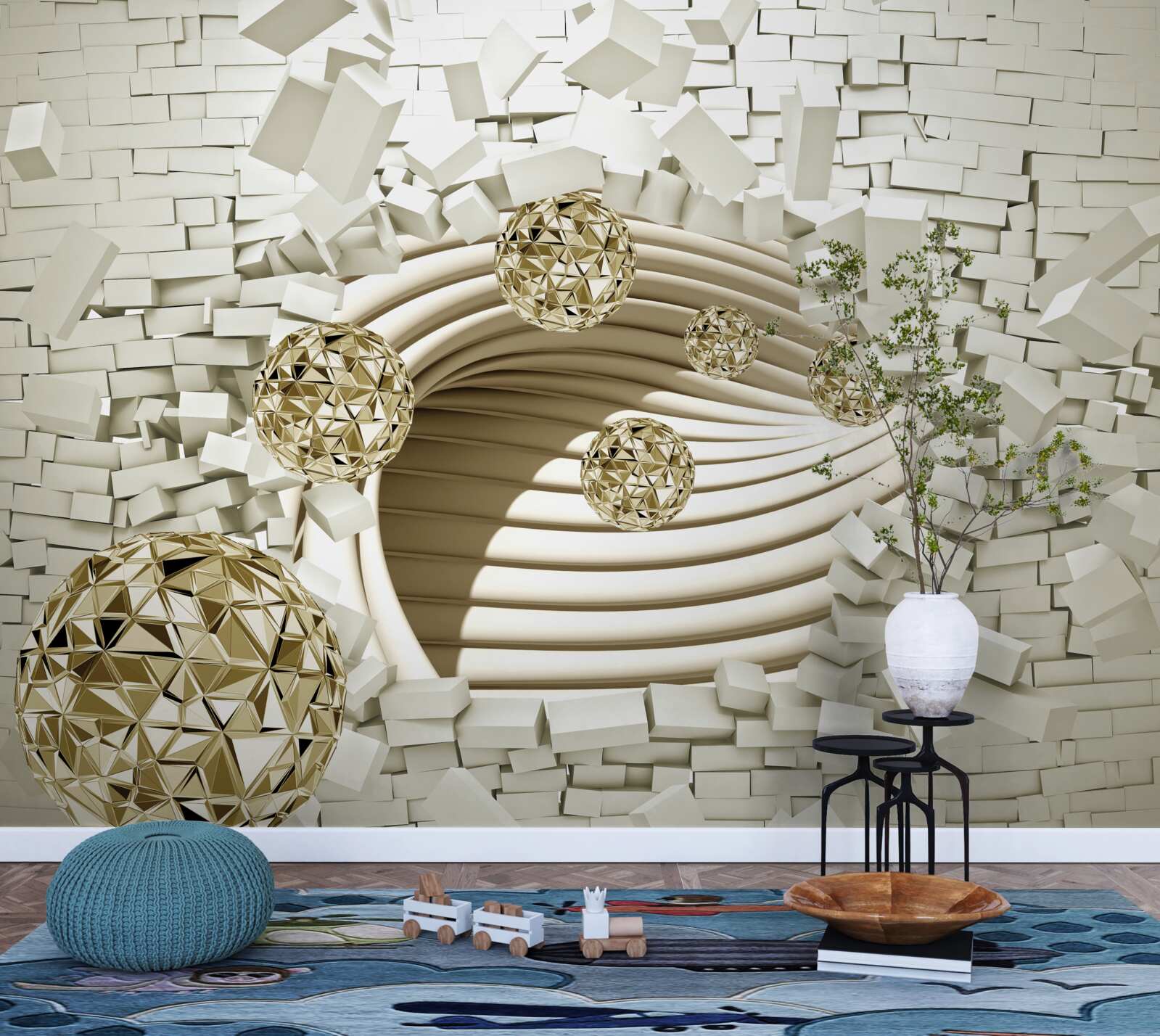 Fotobehang conceptuele ballen slaan tegen een stenen muur