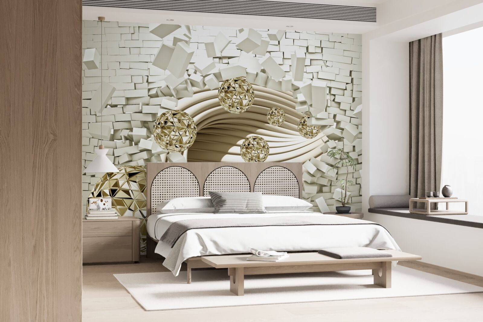 Fotobehang conceptuele ballen slaan tegen een stenen muur