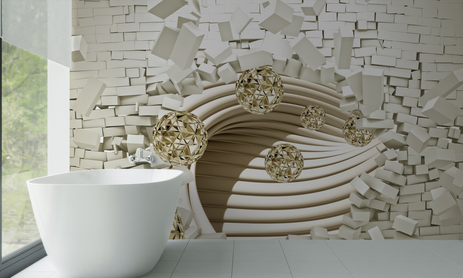 Fotobehang conceptuele ballen slaan tegen een stenen muur