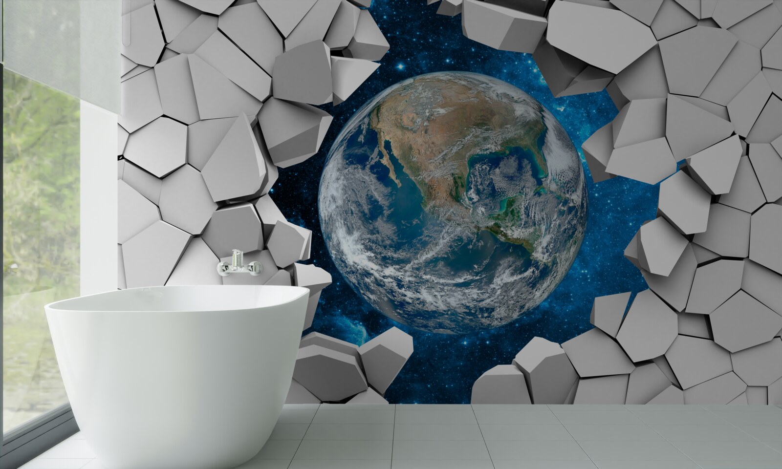 Fotobehang zicht op de site door een gebroken muur