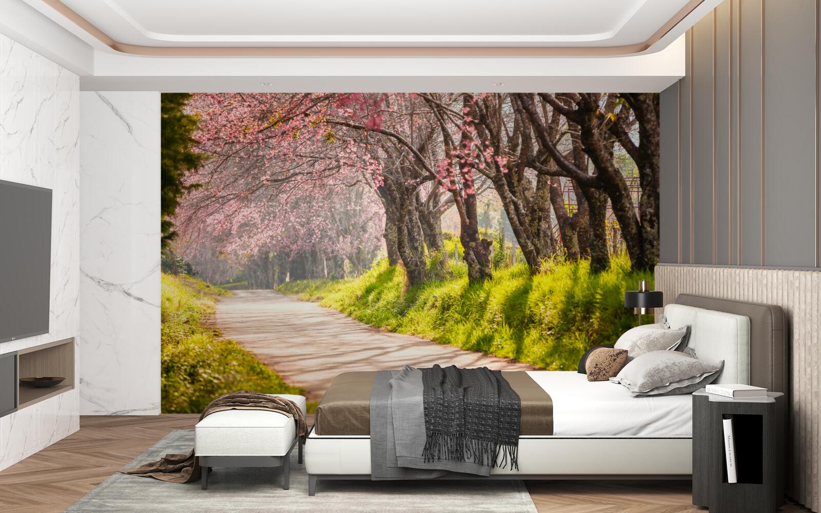 Fotobehang bloeiende bomen langs een rustige snelweg