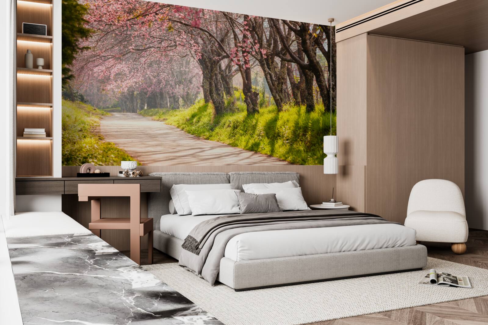 Fotobehang bloeiende bomen langs een rustige snelweg