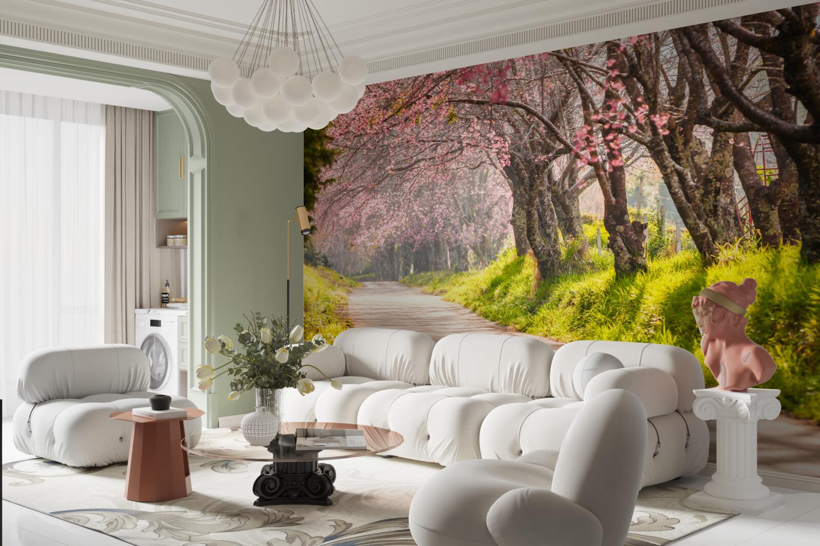 Fotobehang bloeiende bomen langs een rustige snelweg