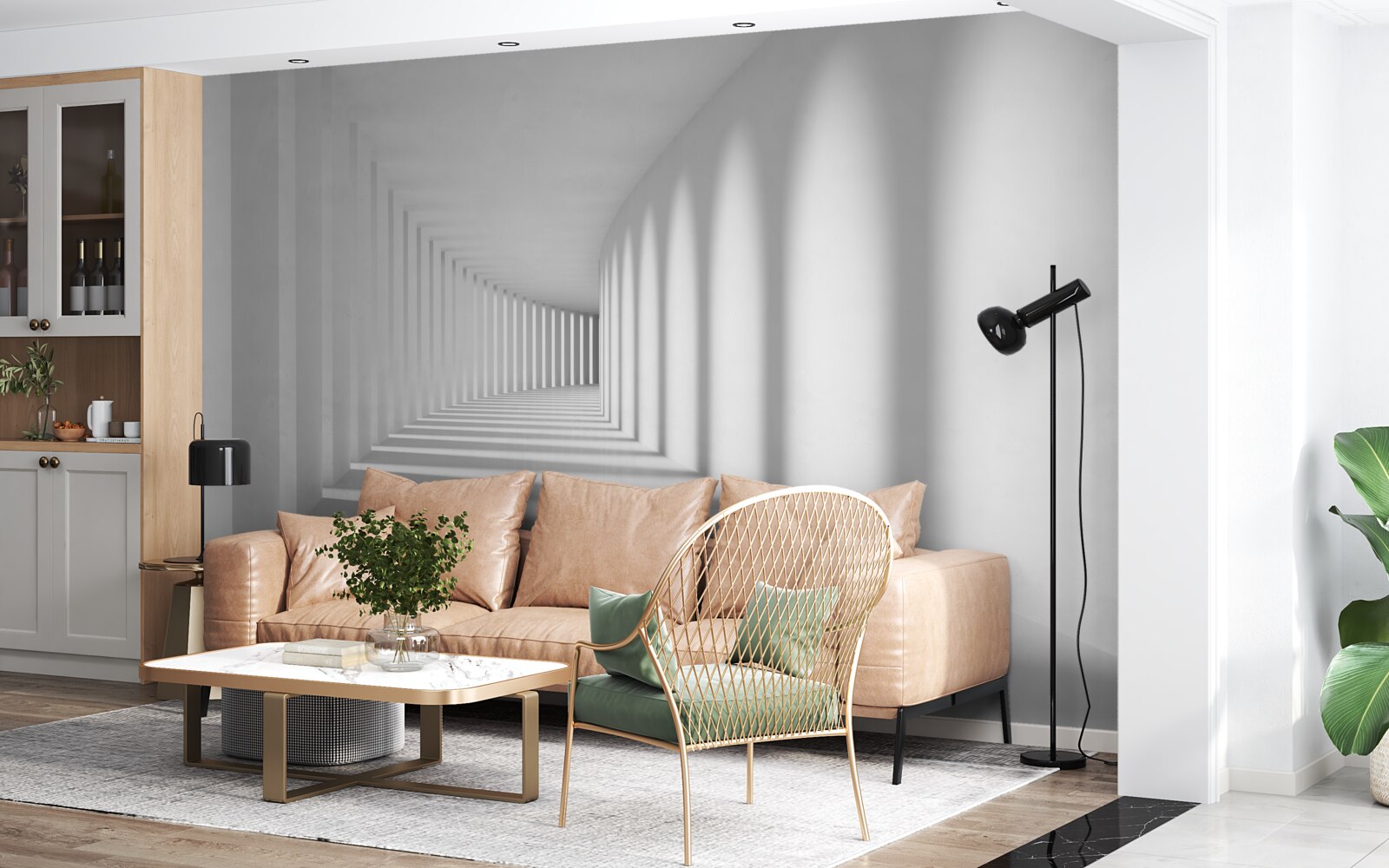 Fotobehang de tunnel die in de verte loopt is omgeven door hoge kolommen