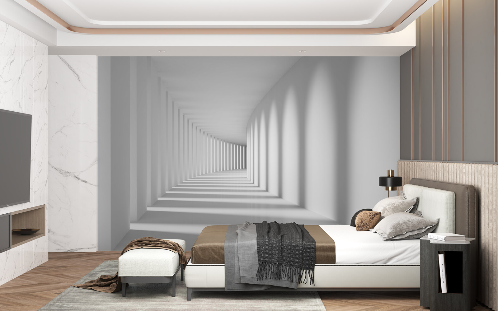 Fotobehang de tunnel die in de verte loopt is omgeven door hoge kolommen