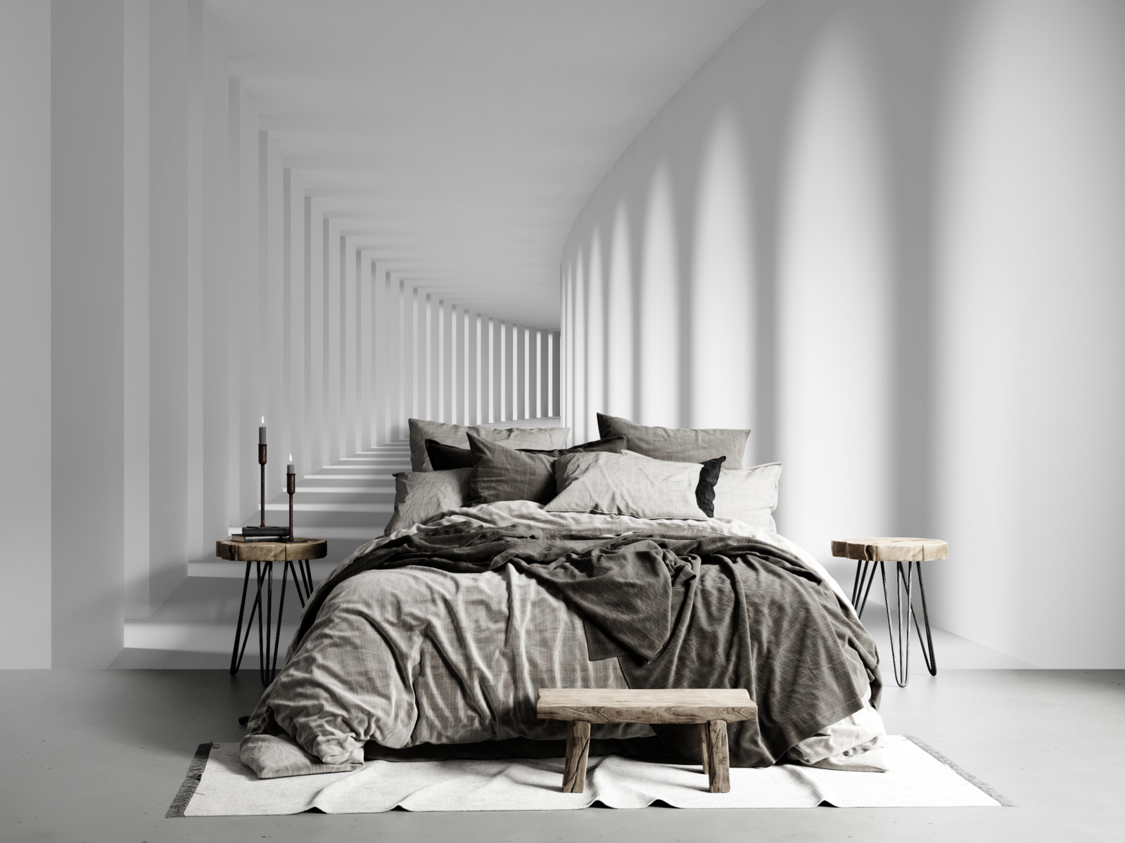 Fotobehang de tunnel die in de verte loopt is omgeven door hoge kolommen