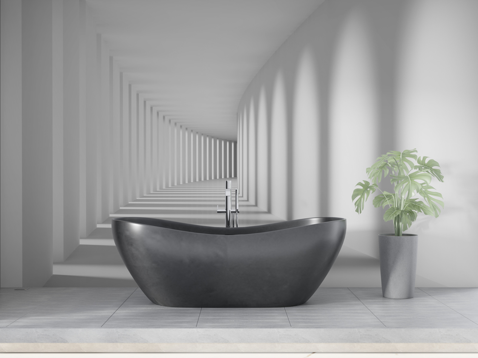 Fotobehang de tunnel die in de verte loopt is omgeven door hoge kolommen