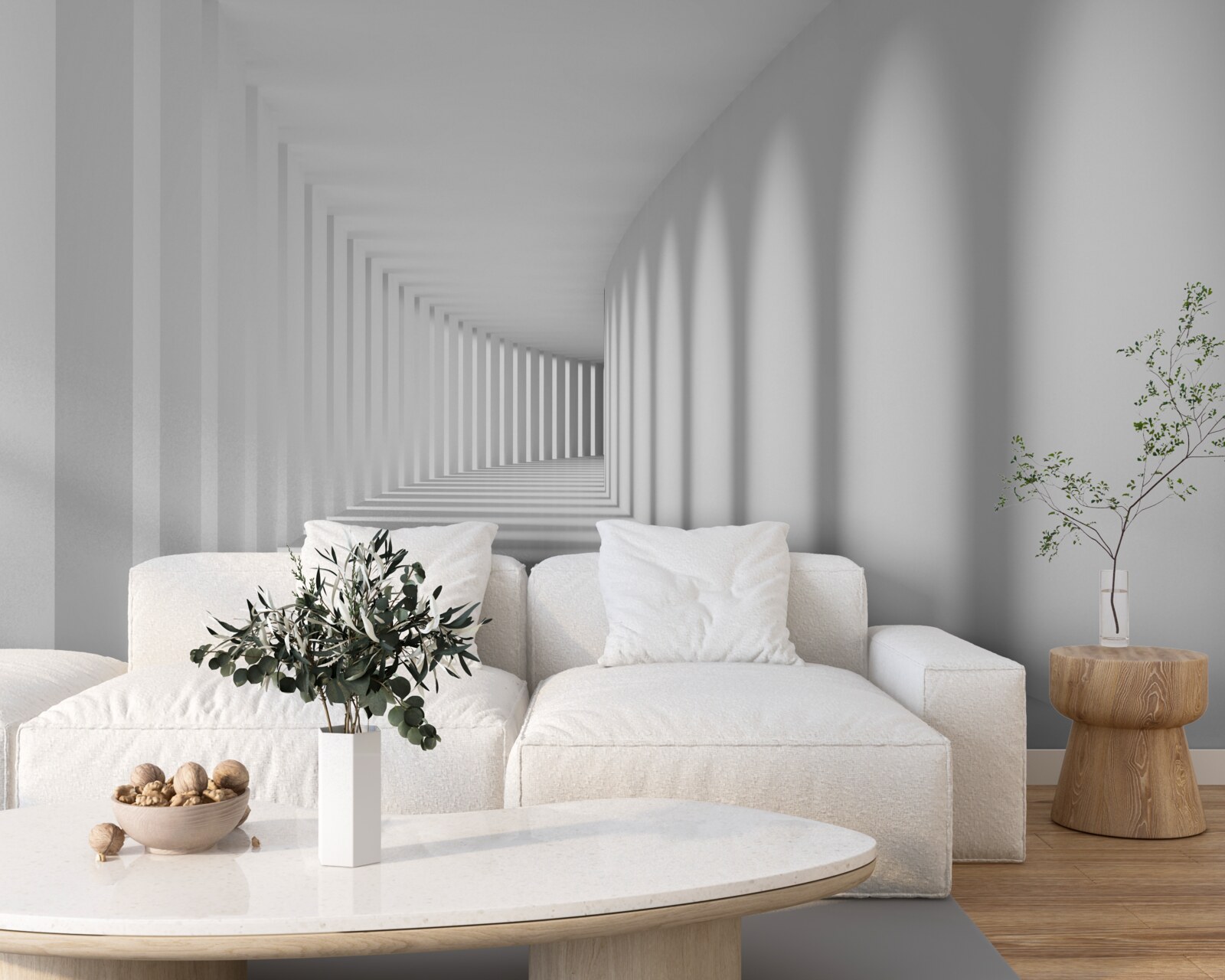 Fotobehang de tunnel die in de verte loopt is omgeven door hoge kolommen