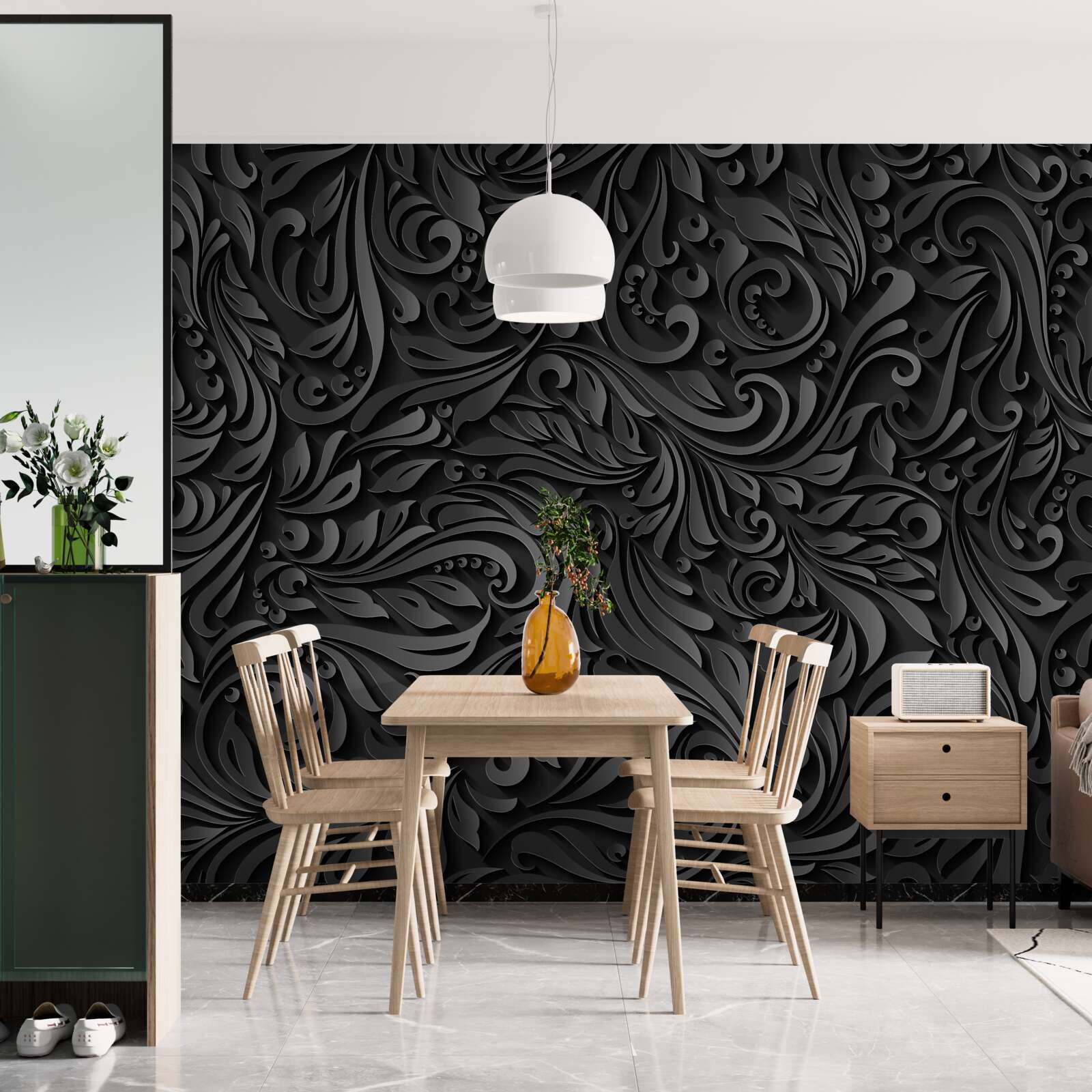 Fotobehang bladeren met zwarte patronen