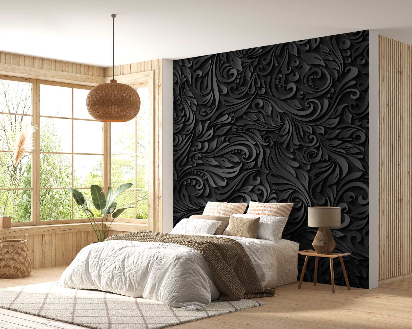 Fotobehang bladeren met zwarte patronen