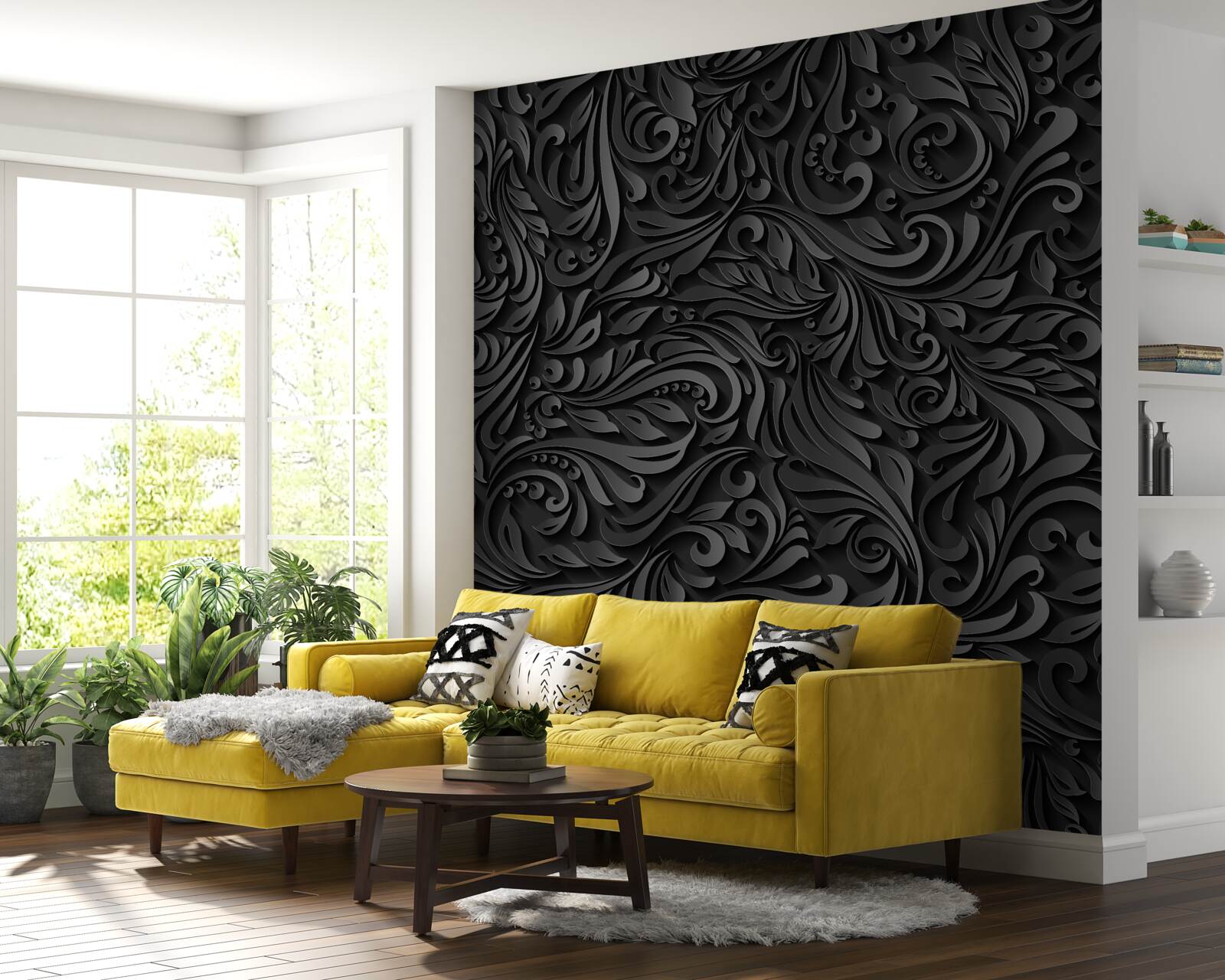 Fotobehang bladeren met zwarte patronen