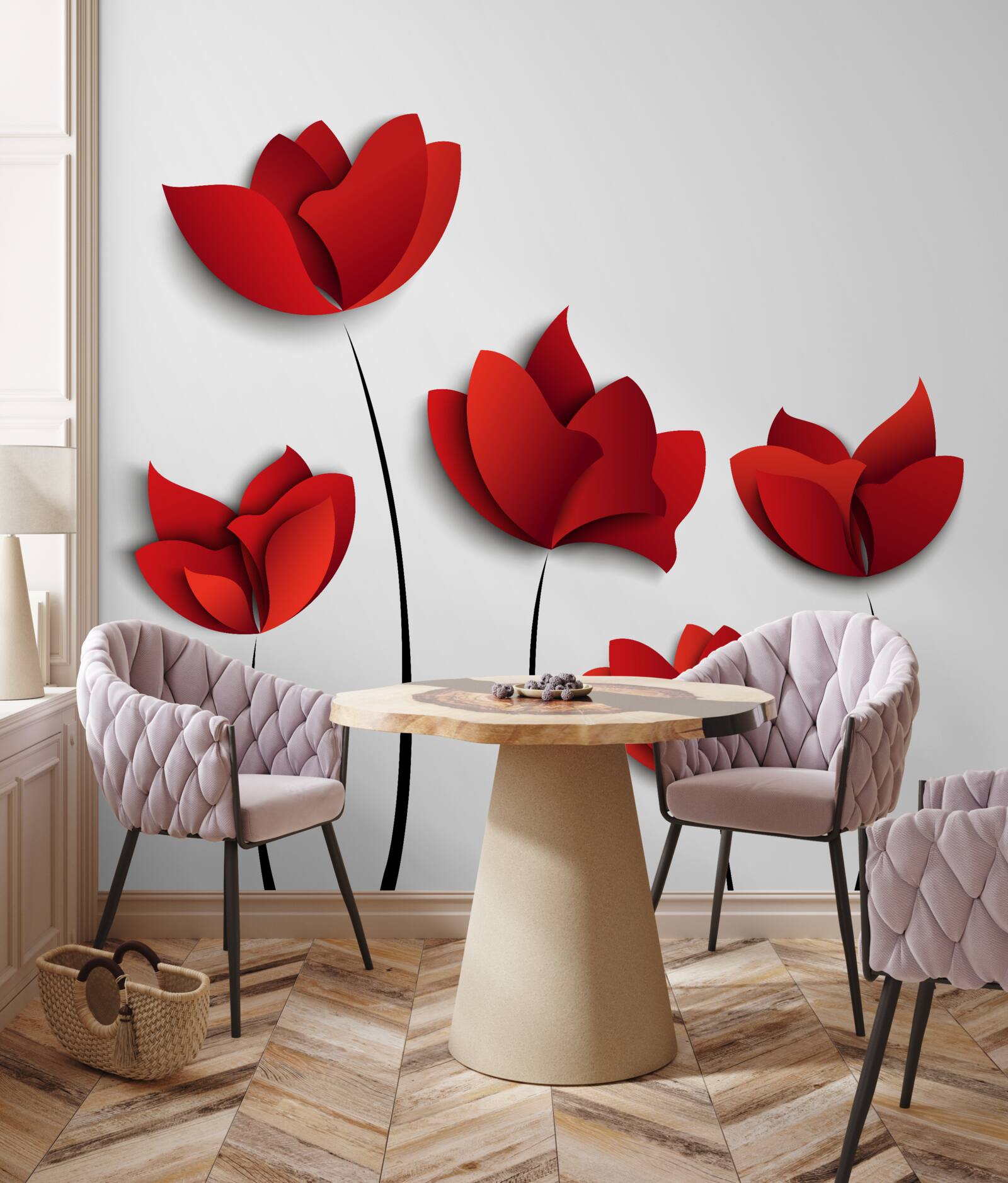 Fotobehang roodgekleurde bloemen tegen een achtergrond van witte zuiverheid